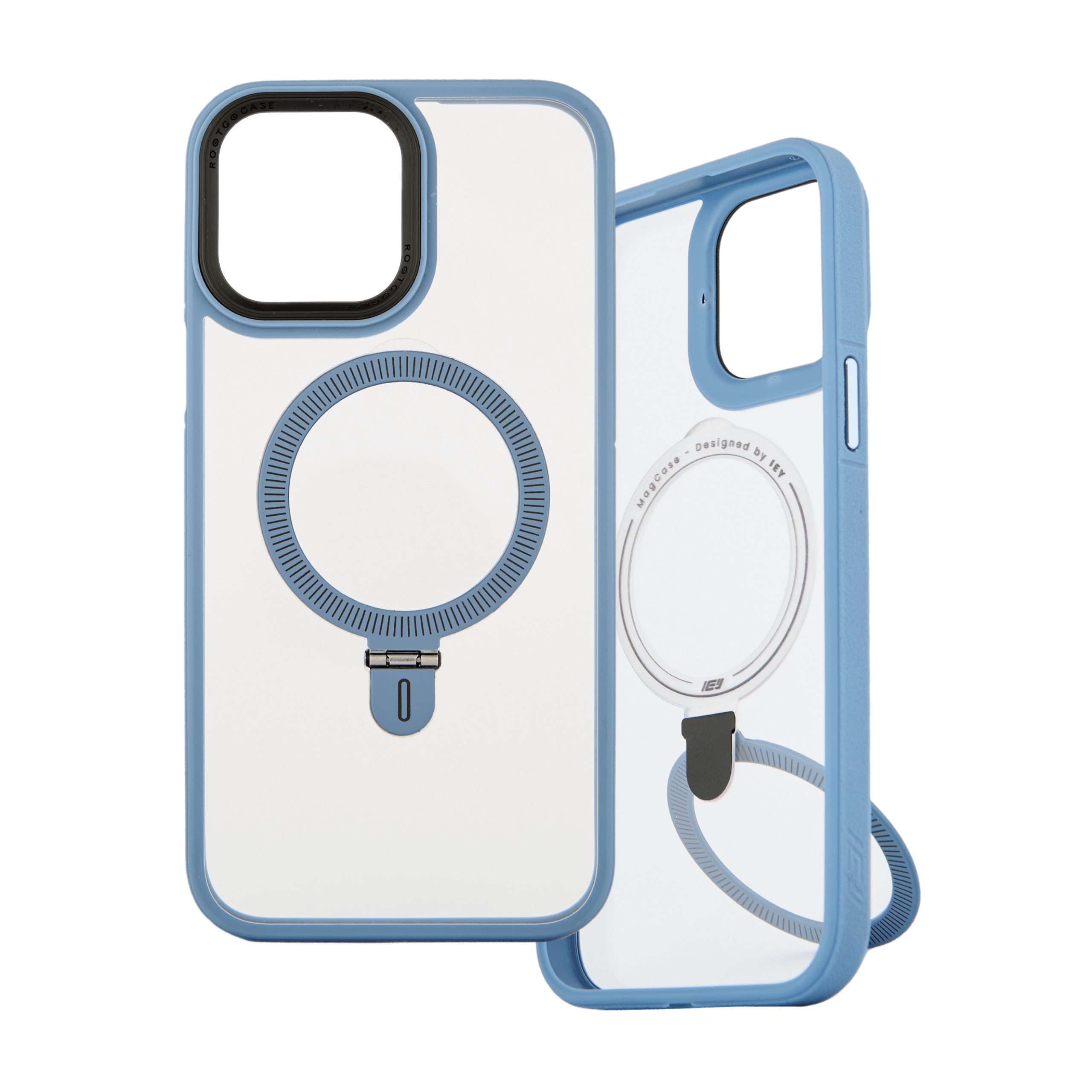 Funda transparente con bordes azules, anillo magnético MagSafe y soporte tipo ring grip, vista frontal y trasera del producto #color_azul