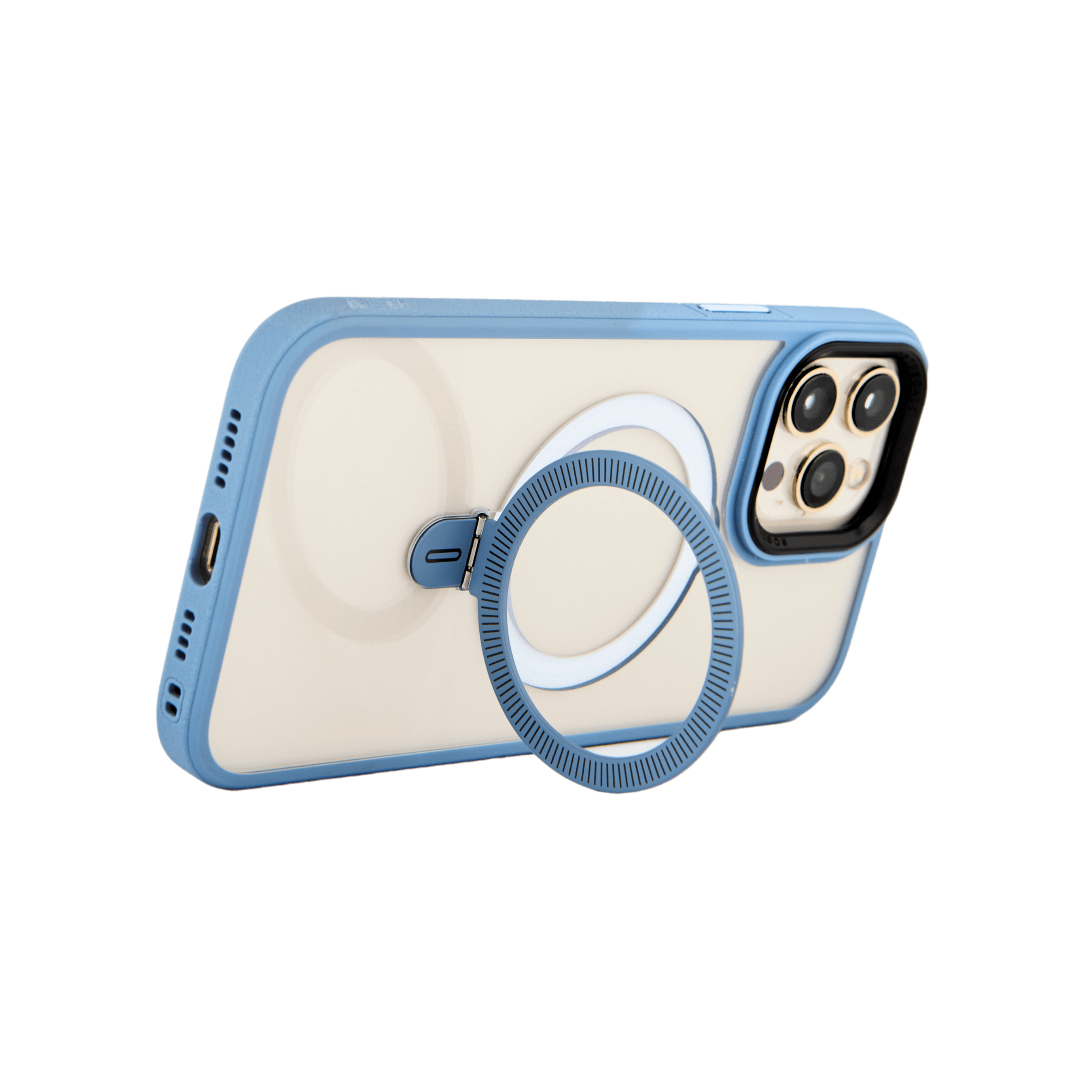 Funda transparente con borde azul y anillo metálico desplegado, en posición horizontal sobre fondo transparente. #color_azul