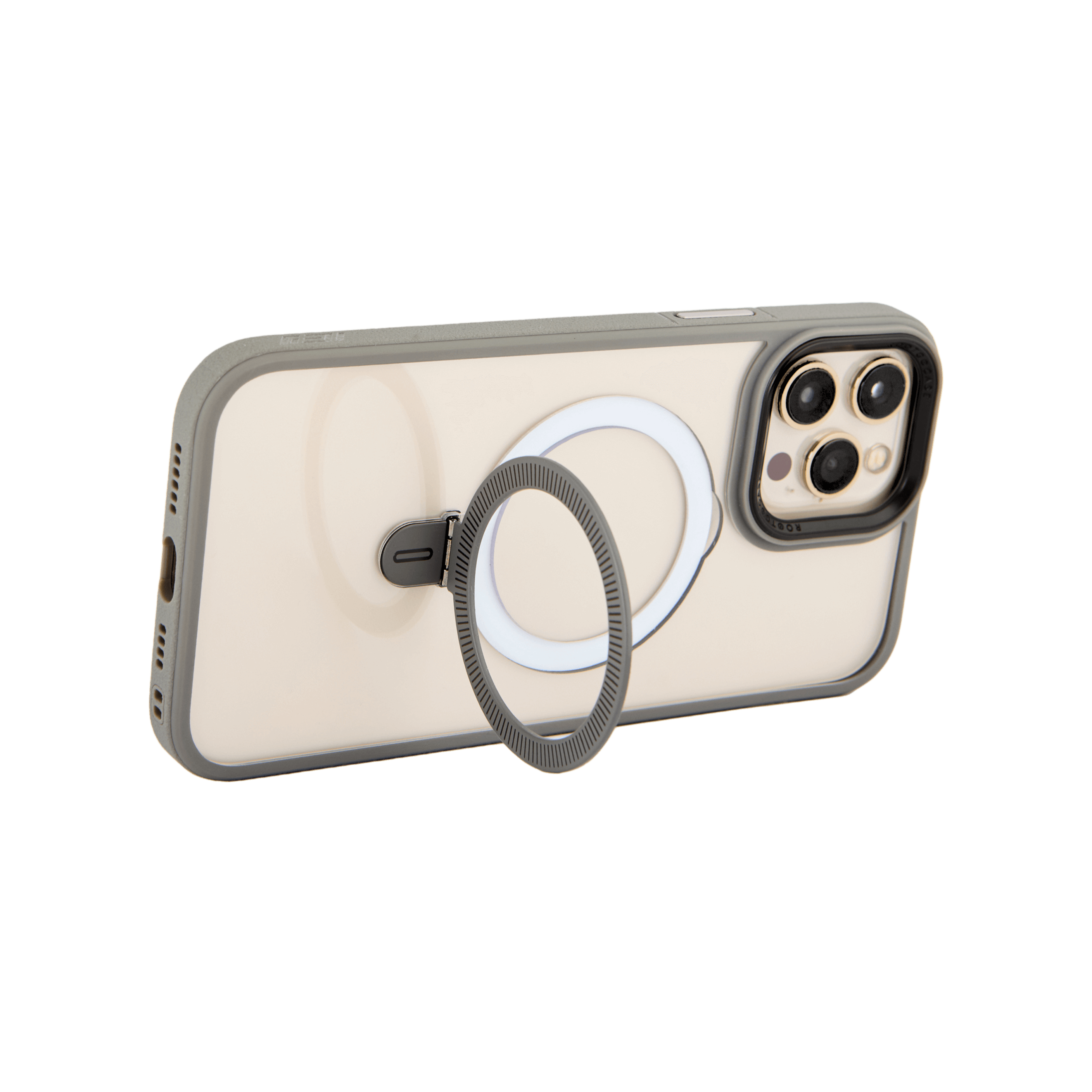 Funda transparente con borde gris y anillo metálico desplegado, en posición horizontal sobre fondo transparente. #color_gris