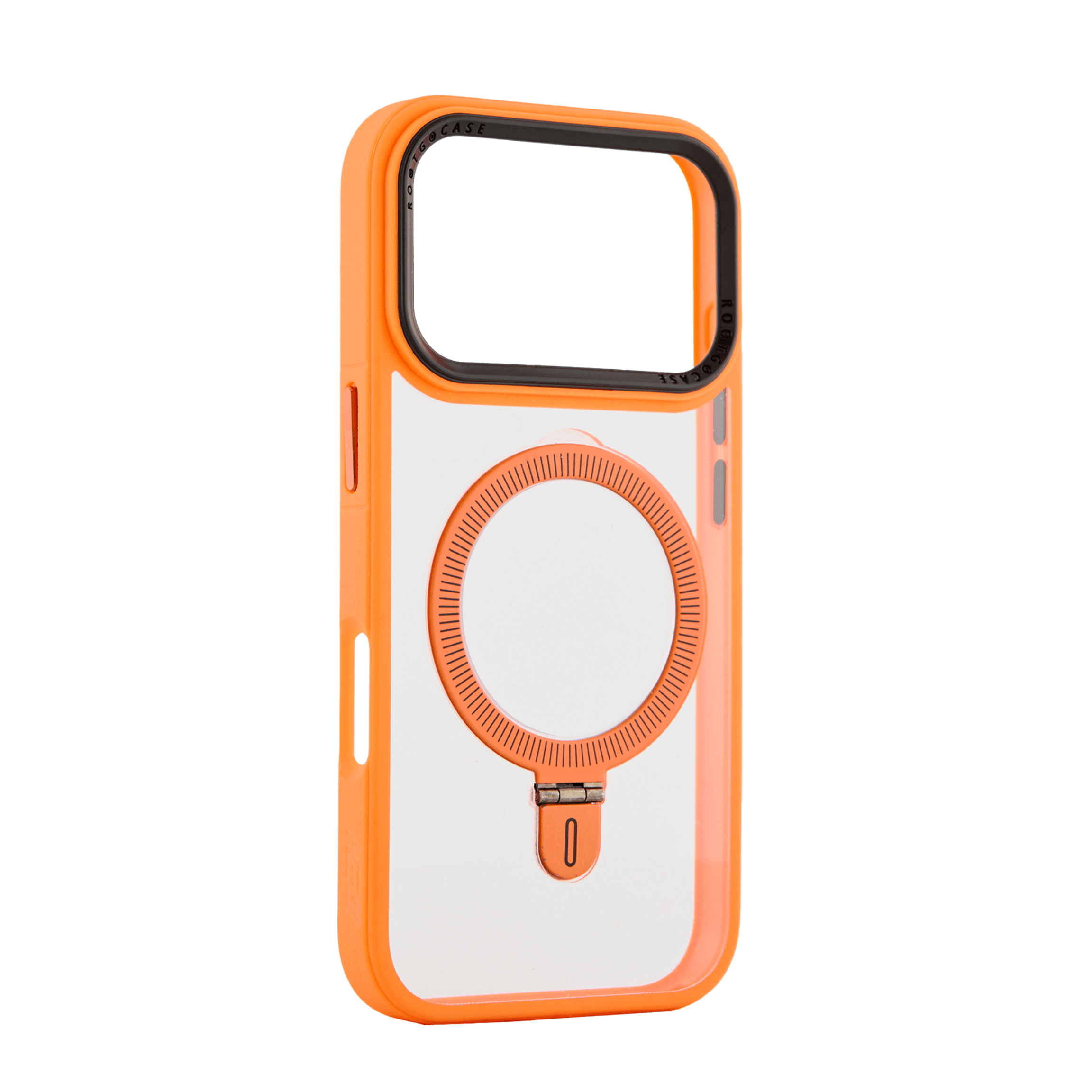 Funda MagSafe transparente con bordes naranja y aro gris desplegable, flotando sobre fondo transparente #color_naranja