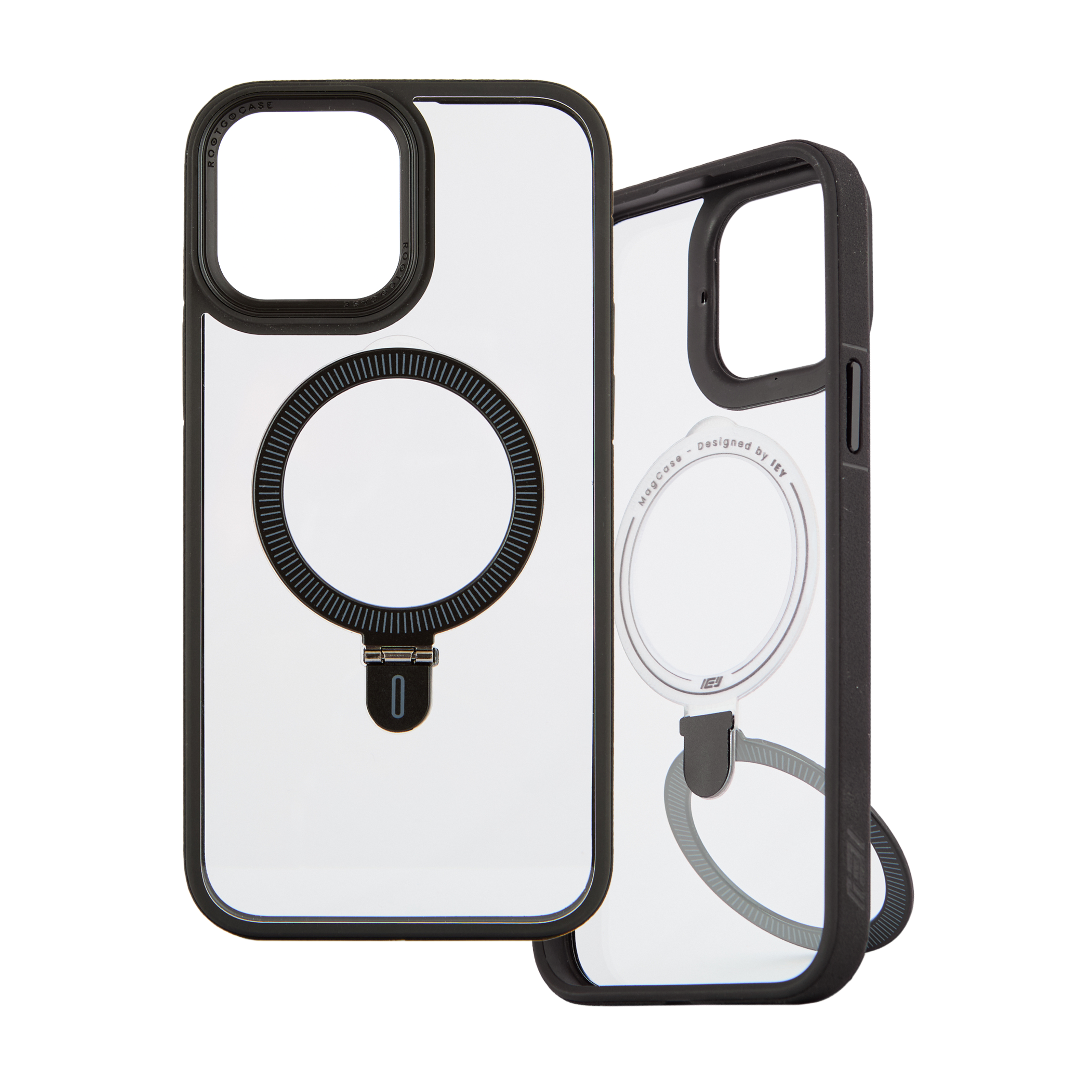 Funda MagSafe transparente con bordes negro y anillo integrado, incluye soporte trasero tipo ring grip del mismo color #color_negro