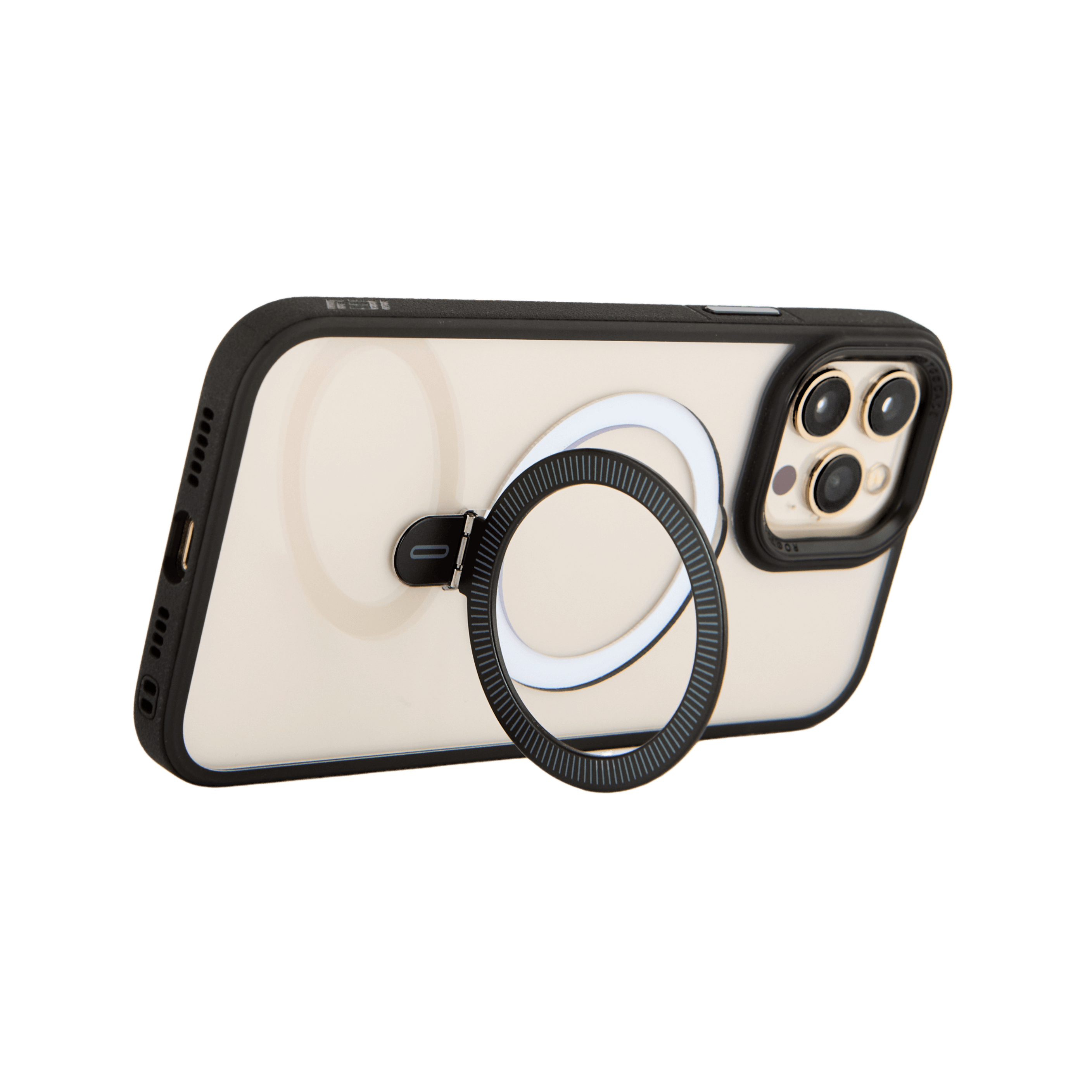 Funda transparente con borde negro y anillo metálico desplegado, en posición horizontal sobre fondo transparente. #color_negro