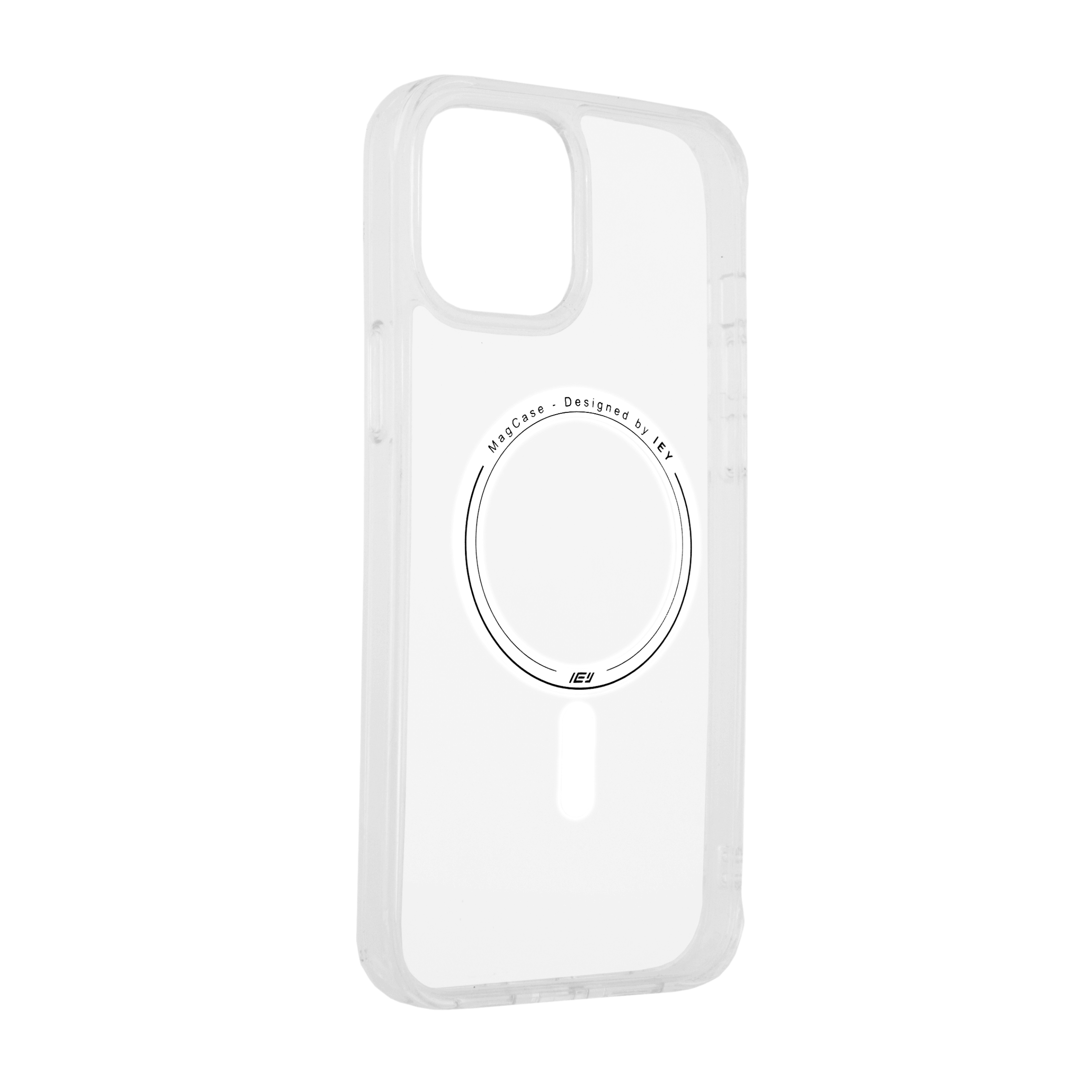 Funda MagSafe transparente con aro integrado, vista frontal sobre fondo blanco