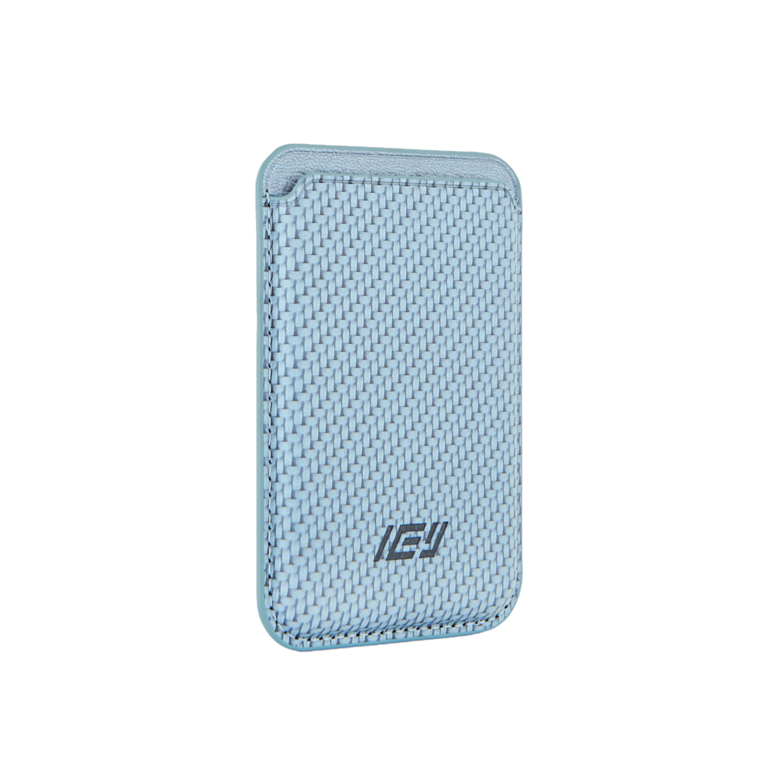 Billetera MagWallet color azul vista diagonal. Textura tejida en la cara frontal con logo IEY. #color_azul