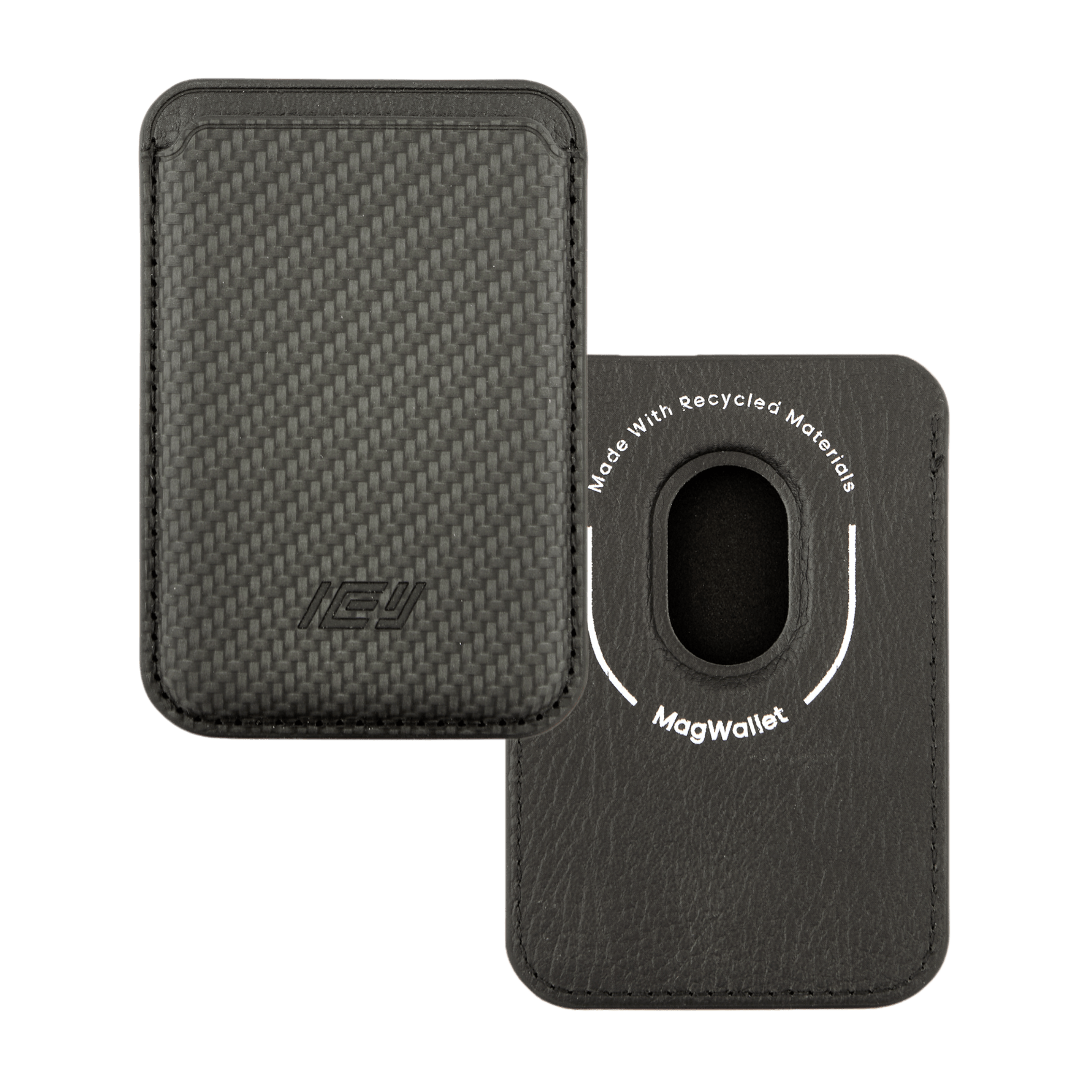 Billetera MagWallet color negra vista frontal y trasera. Textura tejida en la cara frontal con logo IEY. Reverso con sistema MagSafe visible y tipografía blanca. #color_negro