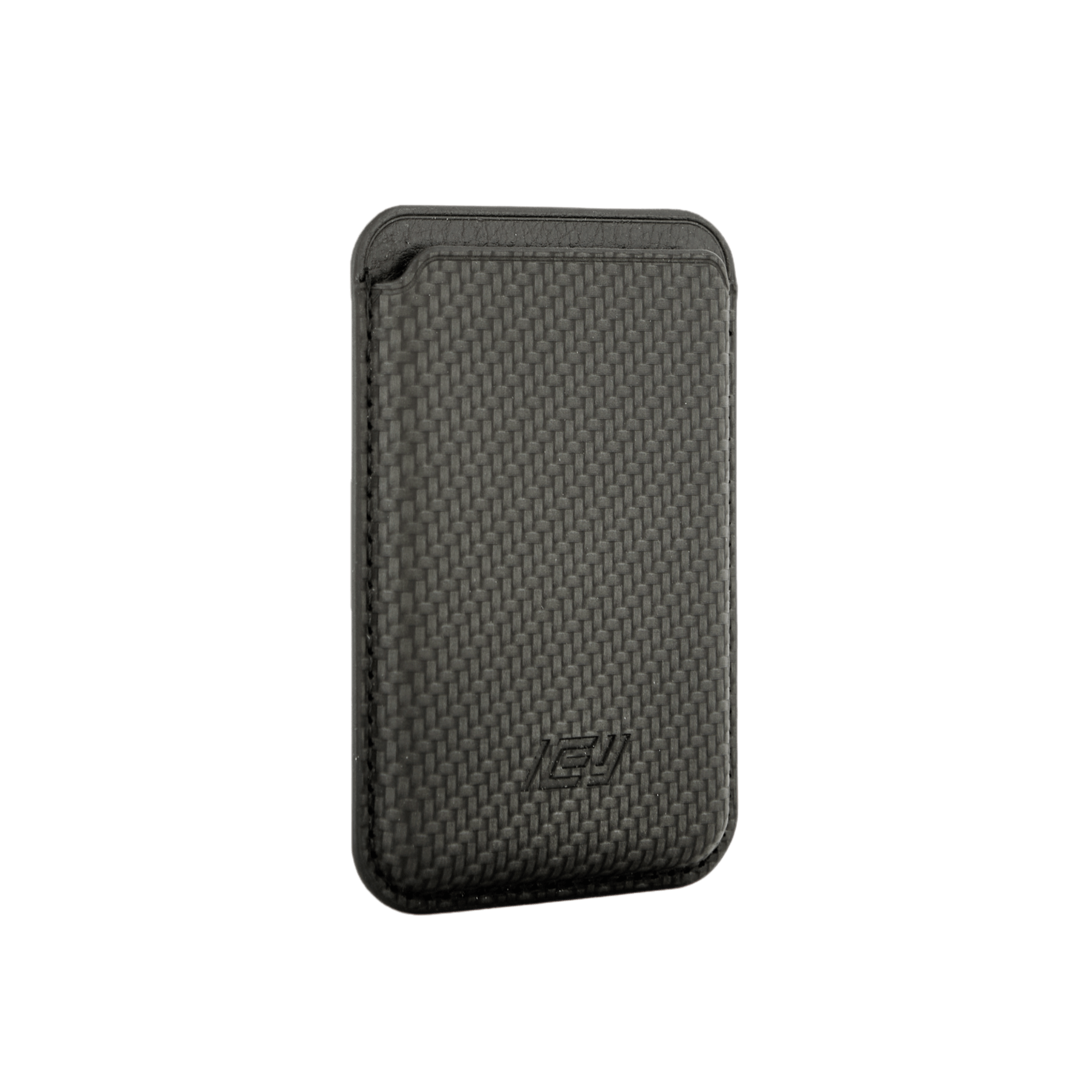 Billetera MagWallet color negra vista diagonal. Textura tejida en la cara frontal con logo IEY. #color_negro