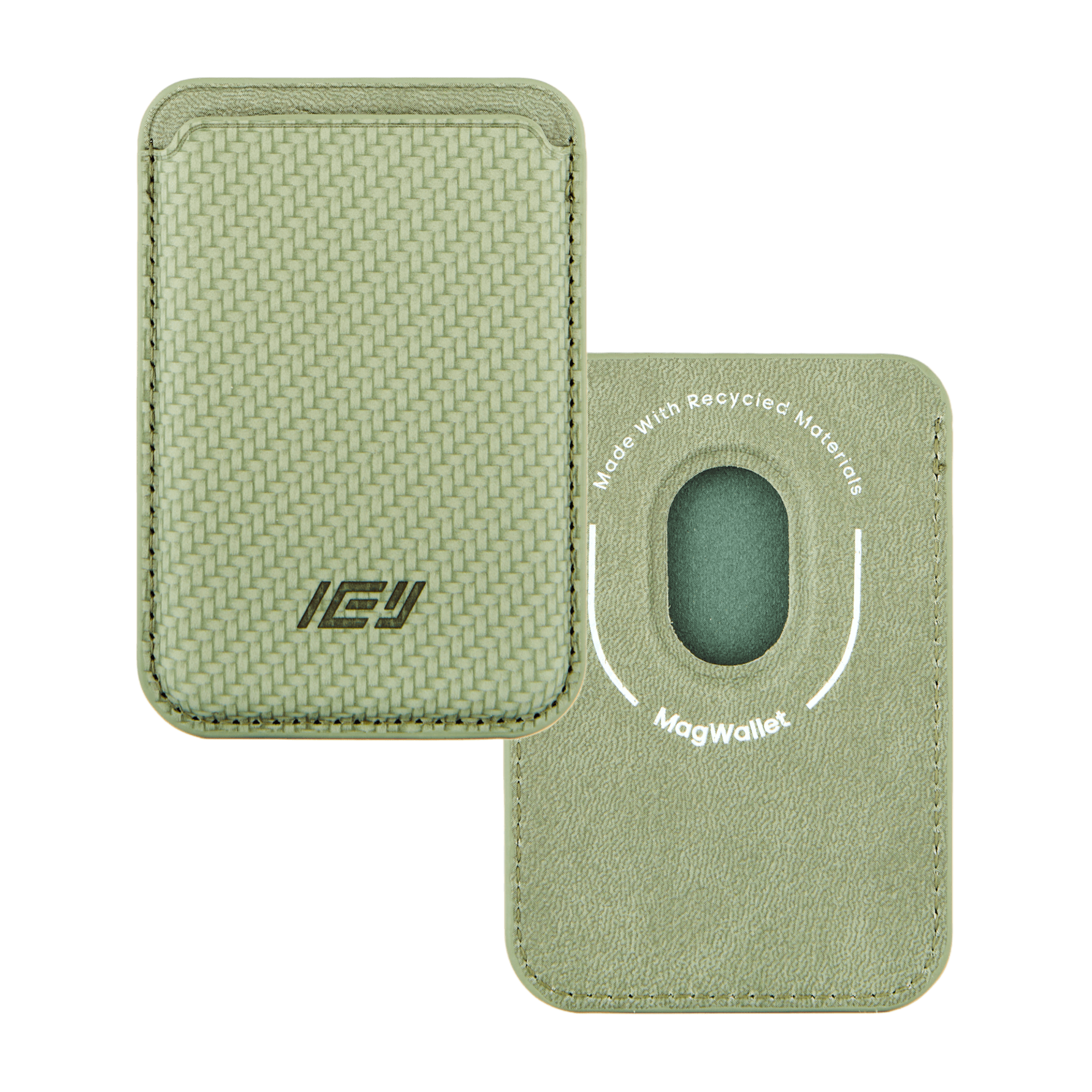 Billetera MagWallet color verde vista frontal y trasera. Textura tejida en la cara frontal con logo IEY. Reverso con sistema MagSafe visible y tipografía blanca. #color_verde