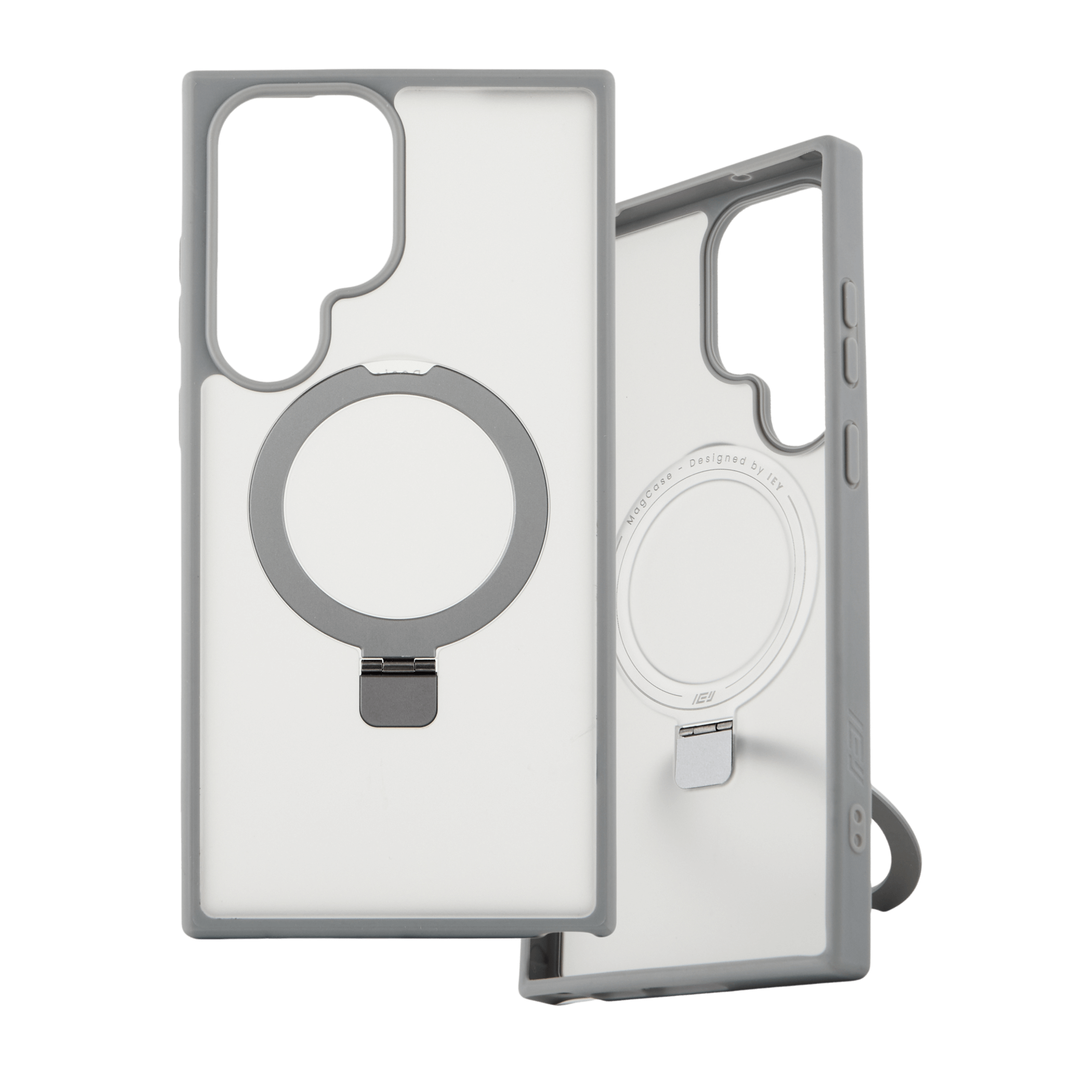 Funda Samsung MagSafe color gris con aro magnético y soporte plegable, vista frontal y posterior. #color_gris