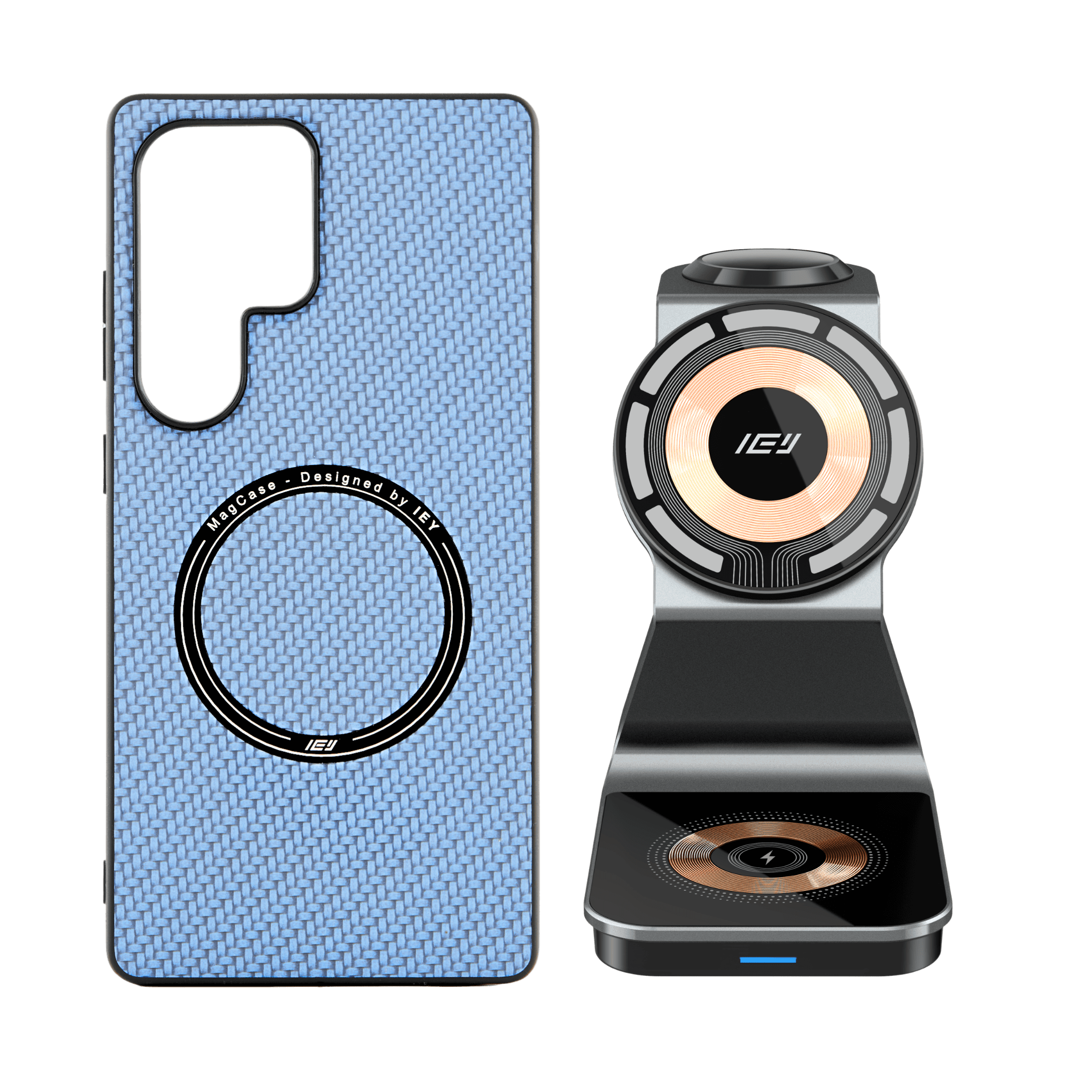 Combo IEY de funda MagSafe Samsung y estación 3 en 1 en color negro #color_gris azulado