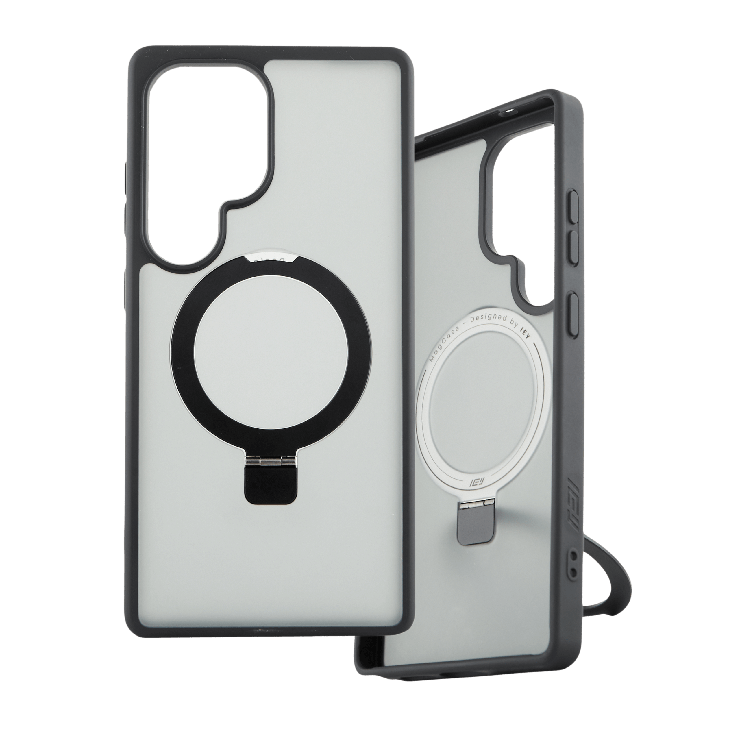 Funda Samsung MagSafe color negro con aro magnético y soporte plegable, vista frontal y posterior. #color_negro
