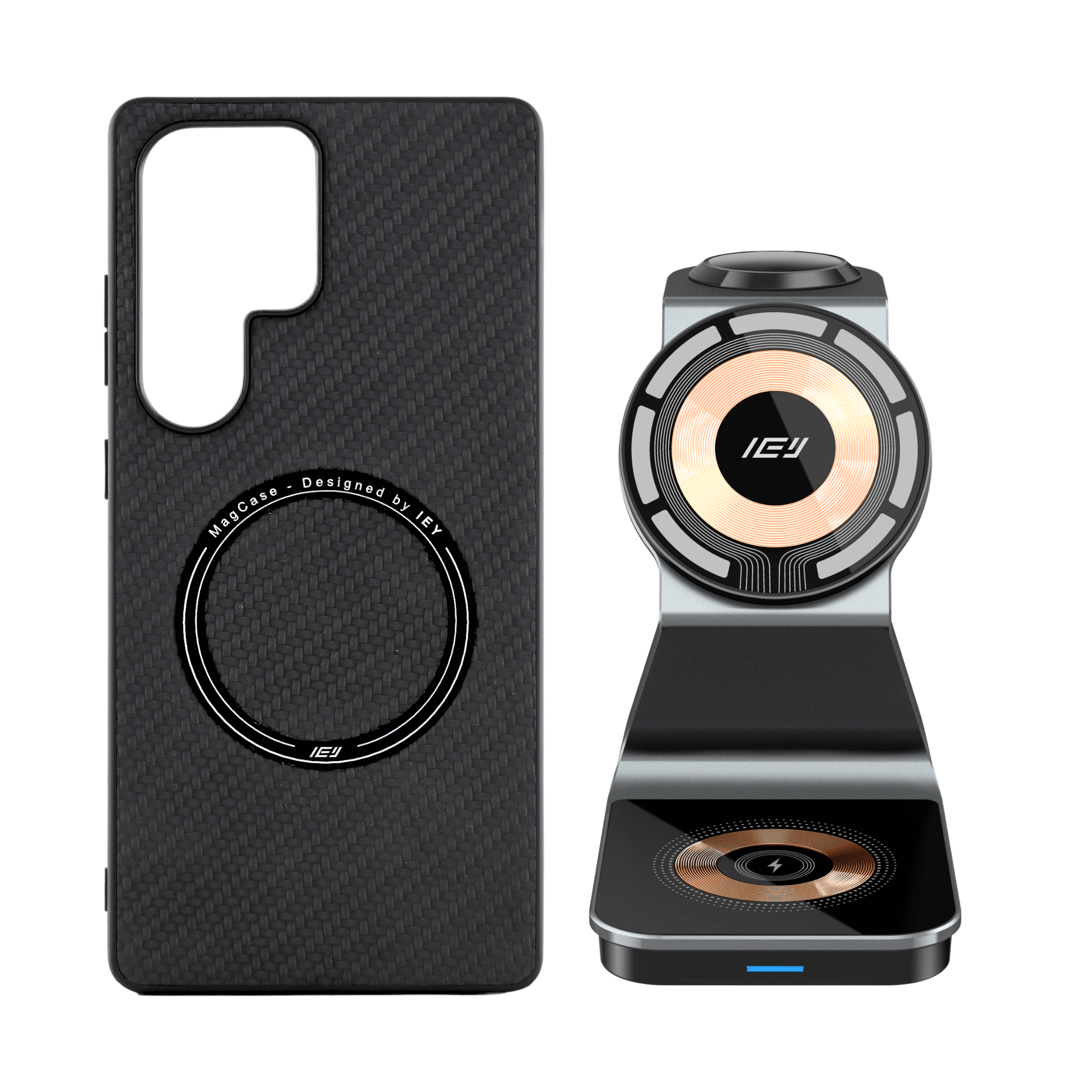 Combo IEY de funda MagSafe Samsung y estación 3 en 1 en color negro #color_gris azulado