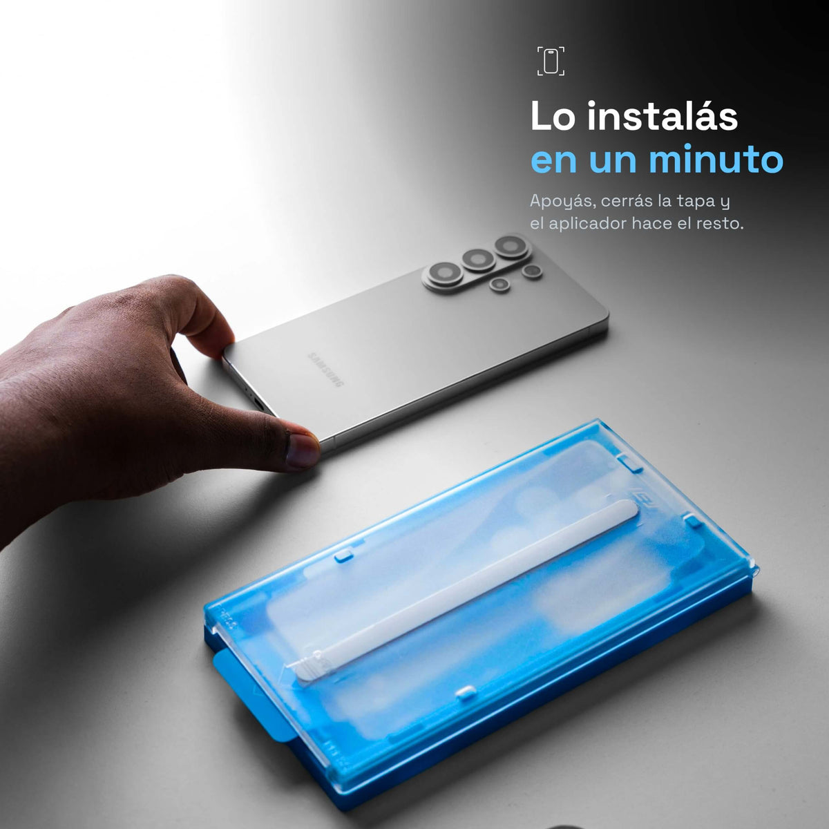 Instalación guiada de vidrio templado ApplyFit™ para Samsung Galaxy en aproximadamente 1 minuto, con aplicador incluido.