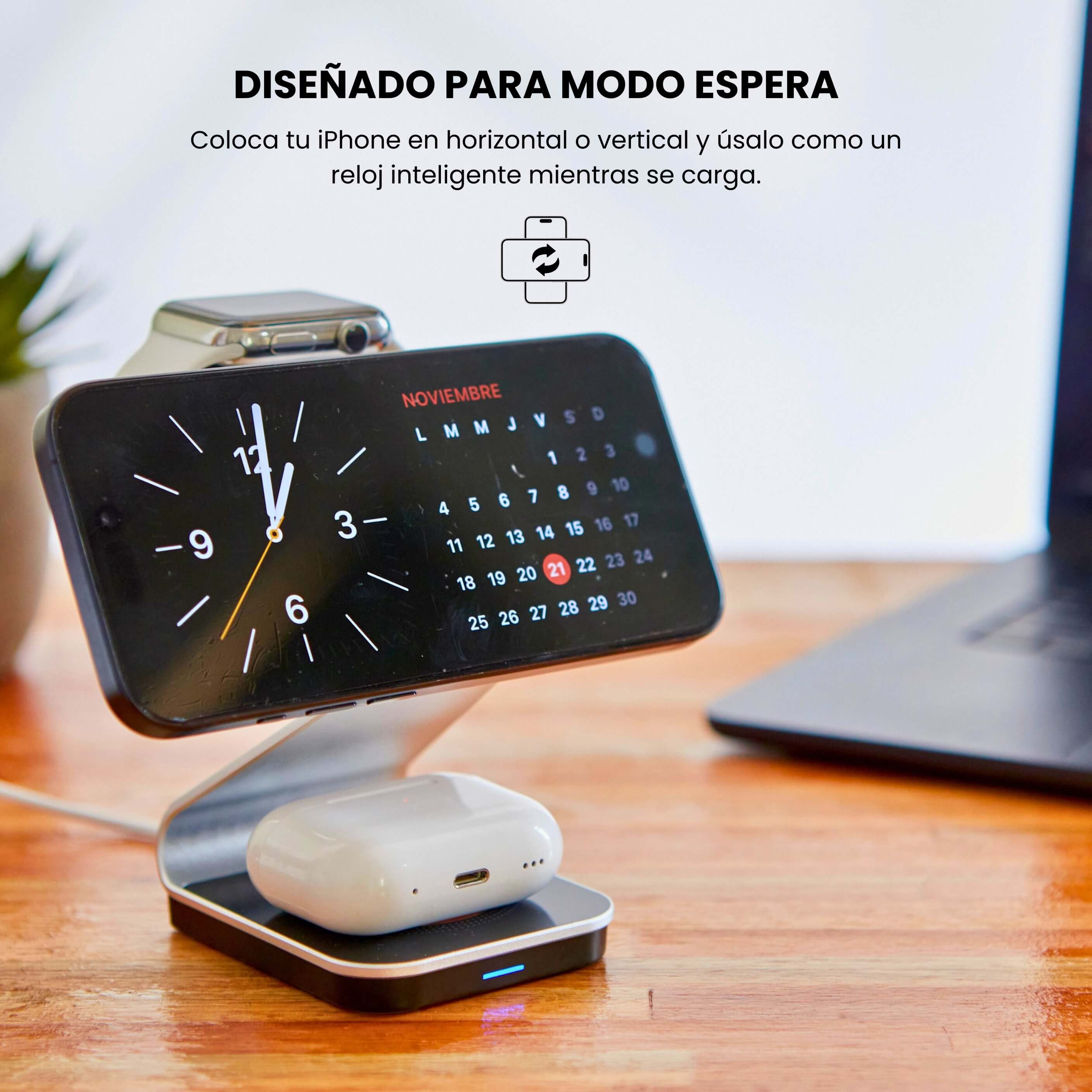 Organizá tu día con la estación de carga MagSafe 3 en 1 de IEY en uso real #color_gris plateado