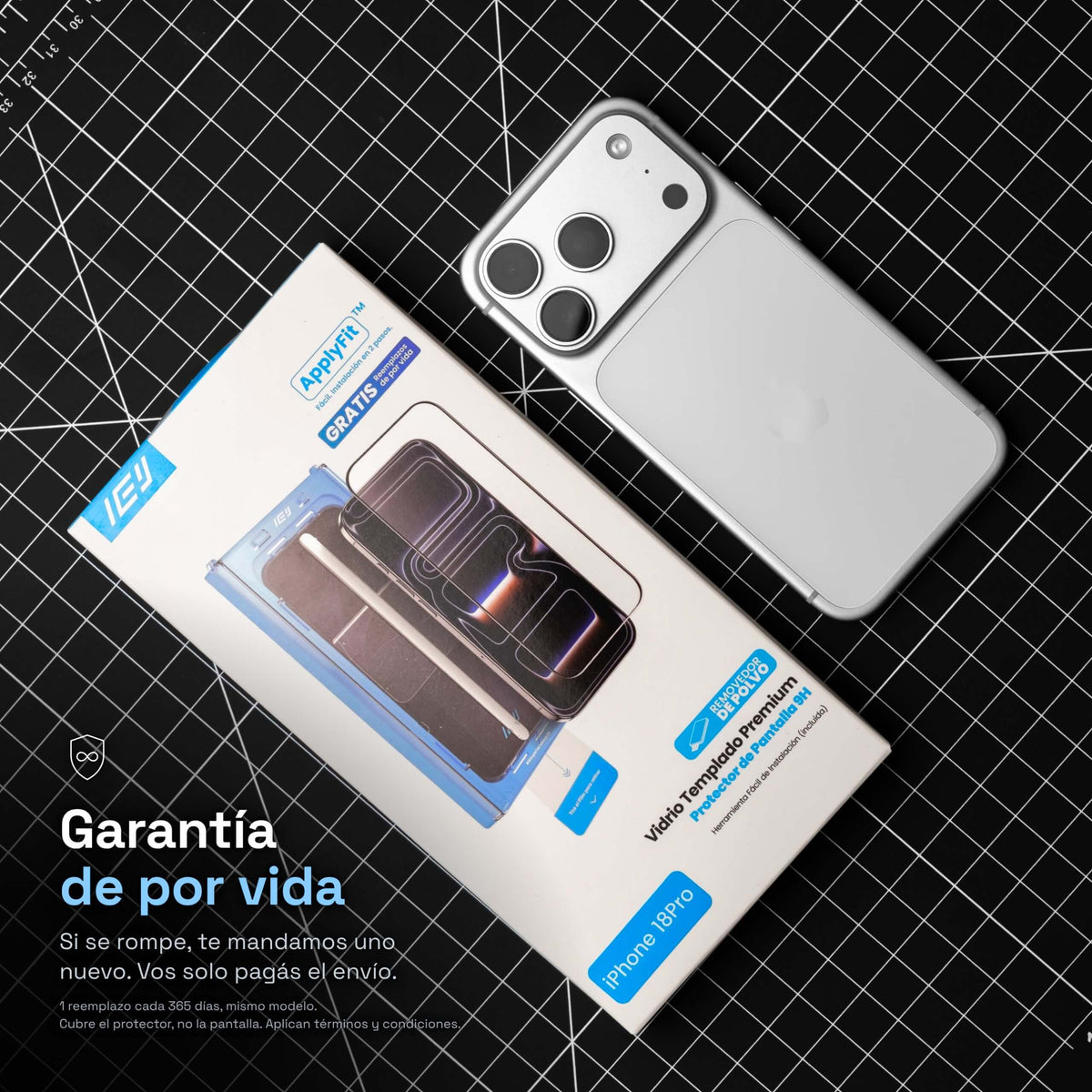 Garantía de por vida ApplyFit™ de IEY® para vidrio templado de iPhone, con programa de reemplazos sujeto a términos y condiciones.