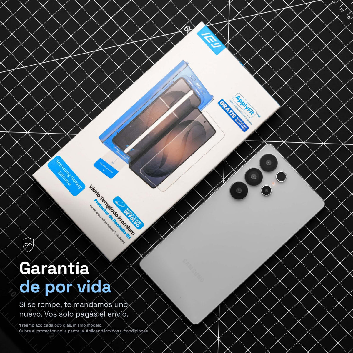 Vidrio templado ApplyFit™ para Samsung Galaxy S26 Ultra con garantía de por vida de IEY®, reemplazo del protector sujeto a condiciones.