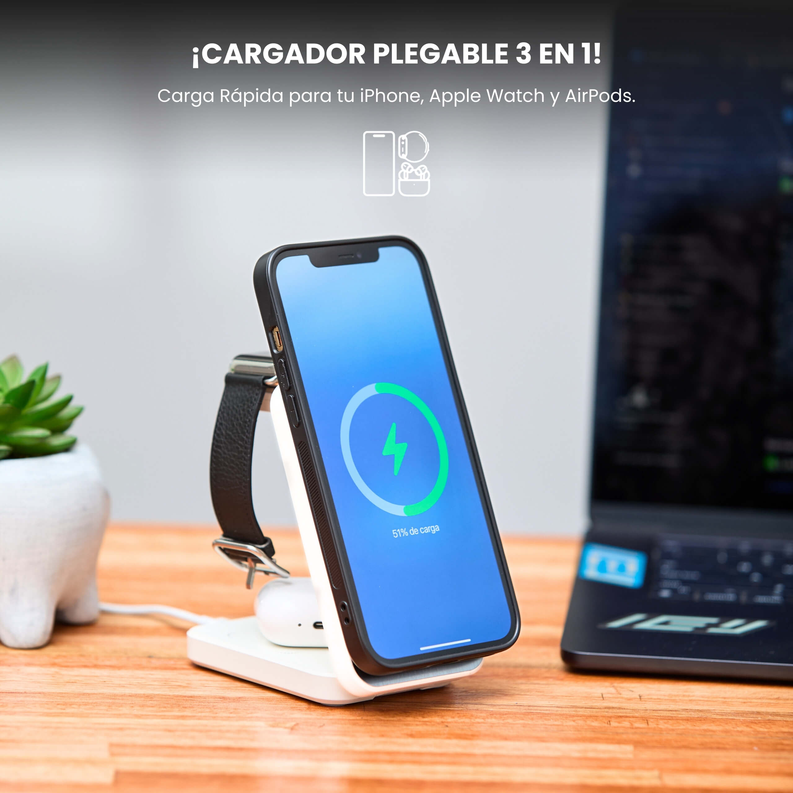 Cargador inalámbrico plegable 3 en 1 cargando iPhone, Apple Watch y AirPods al mismo tiempo. #color_blanco