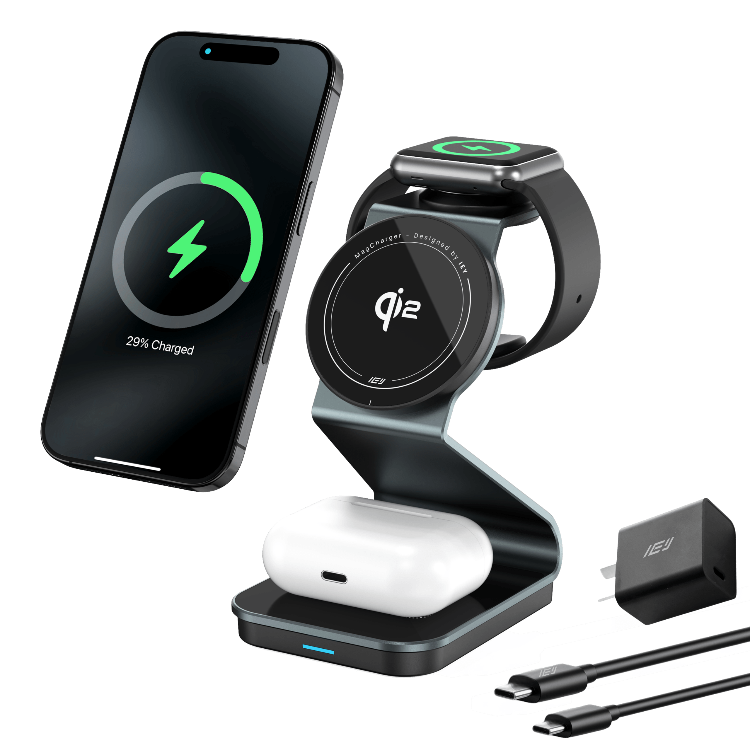 Estación de carga inalámbrica 3 en 1 + tecnología Qi2 MagCharger con iPhone, Apple Watch y AirPods en uso con cargador de pared incluido #color_negro