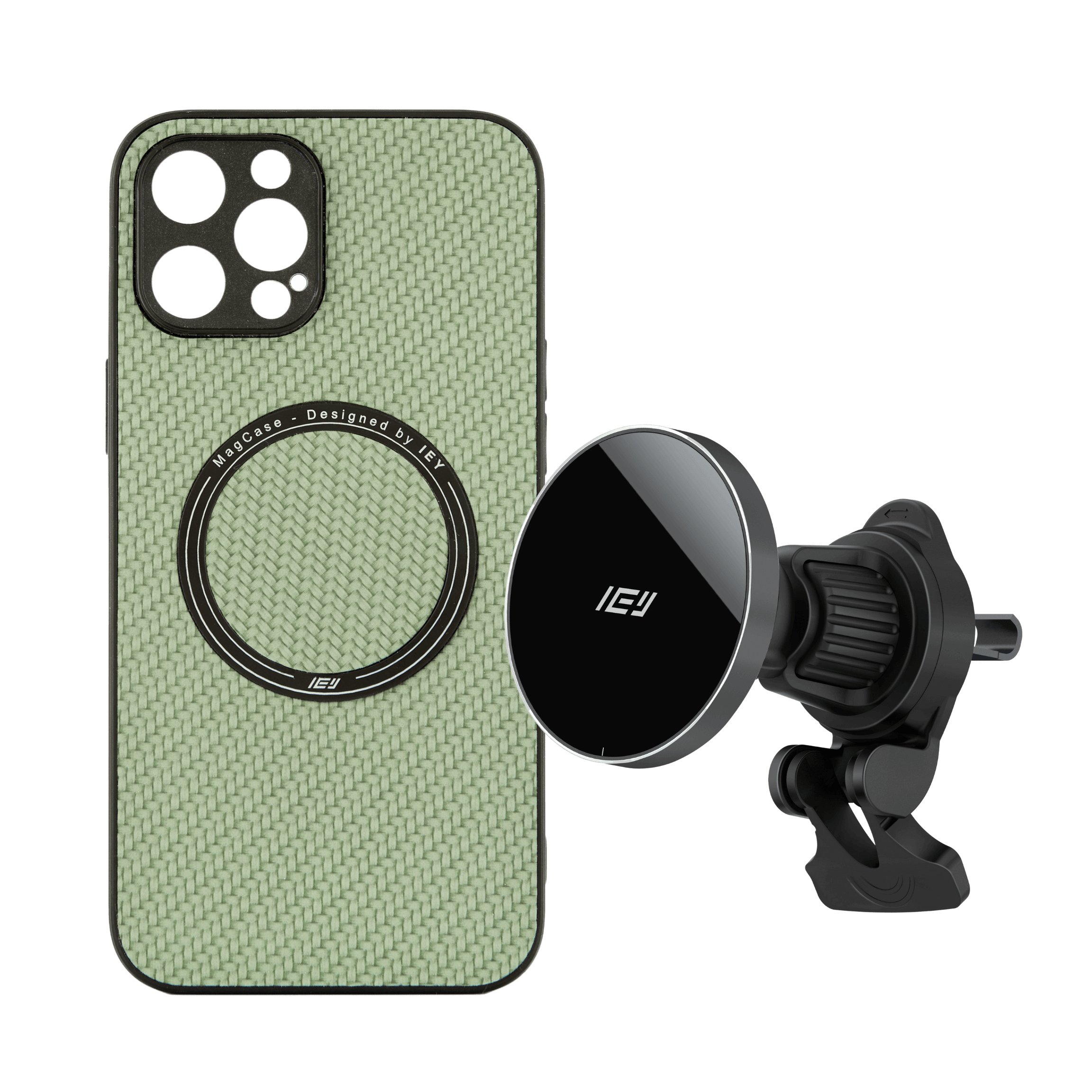Combo MagSafe IEY armado: Funda iPhone + Cargador de Auto con fijación magnética #color_negro