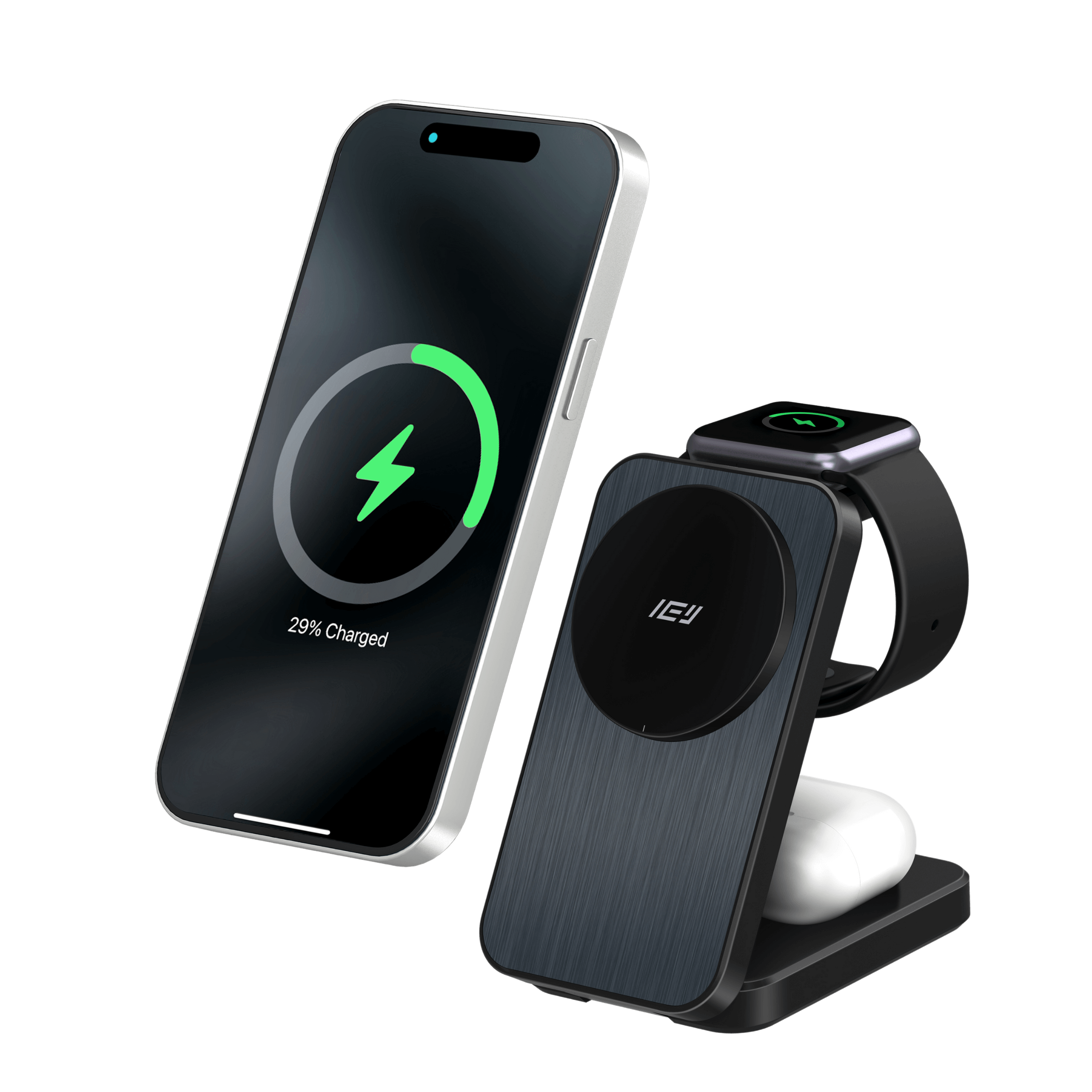 Cargador inalámbrico plegable 3 en 1 MagCharger cargando iPhone y AirPods al mismo tiempo