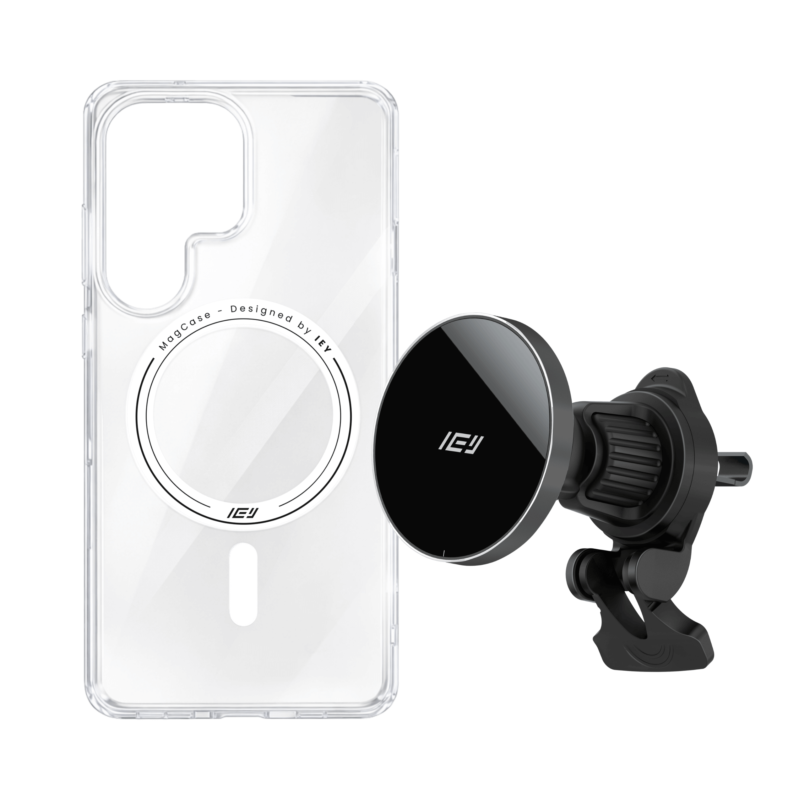 Combo MagSafe IEY armado: Funda Samsung + Cargador de Auto con fijación magnética #color_negro