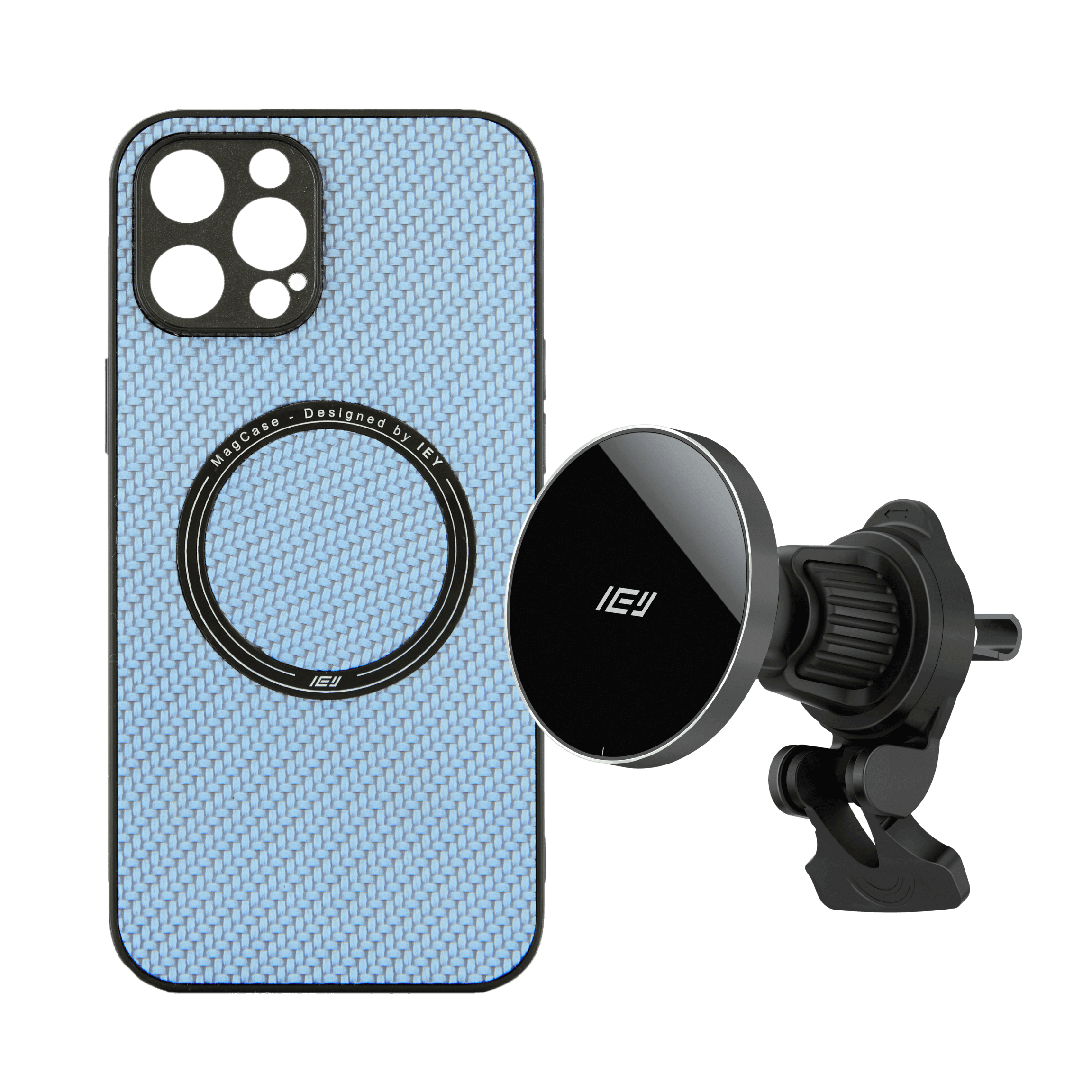 Combo MagSafe IEY armado: Funda iPhone + Cargador de Auto con fijación magnética #color_negro