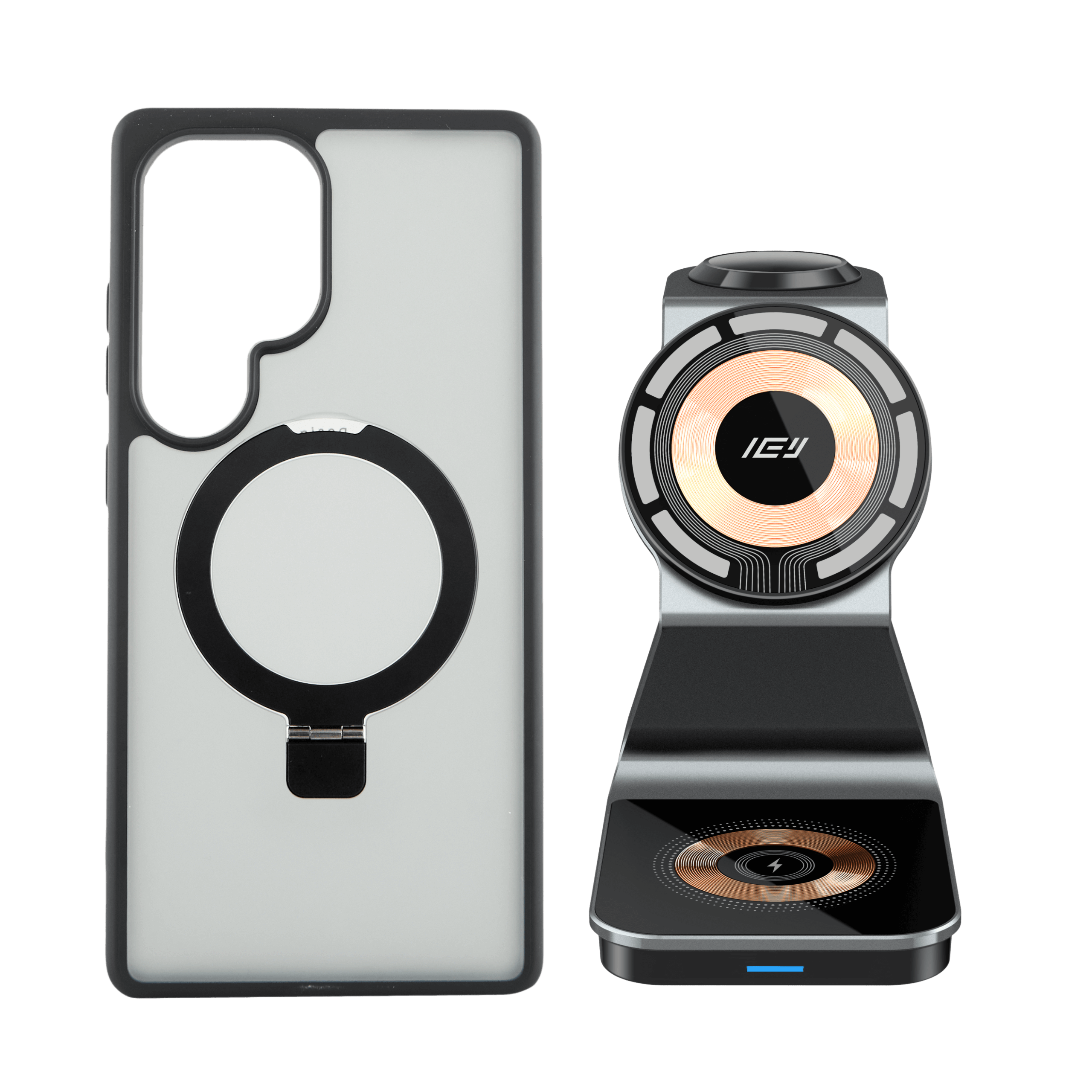 Combo IEY de funda MagSafe Samsung y estación 3 en 1 en color negro #color_gris azulado