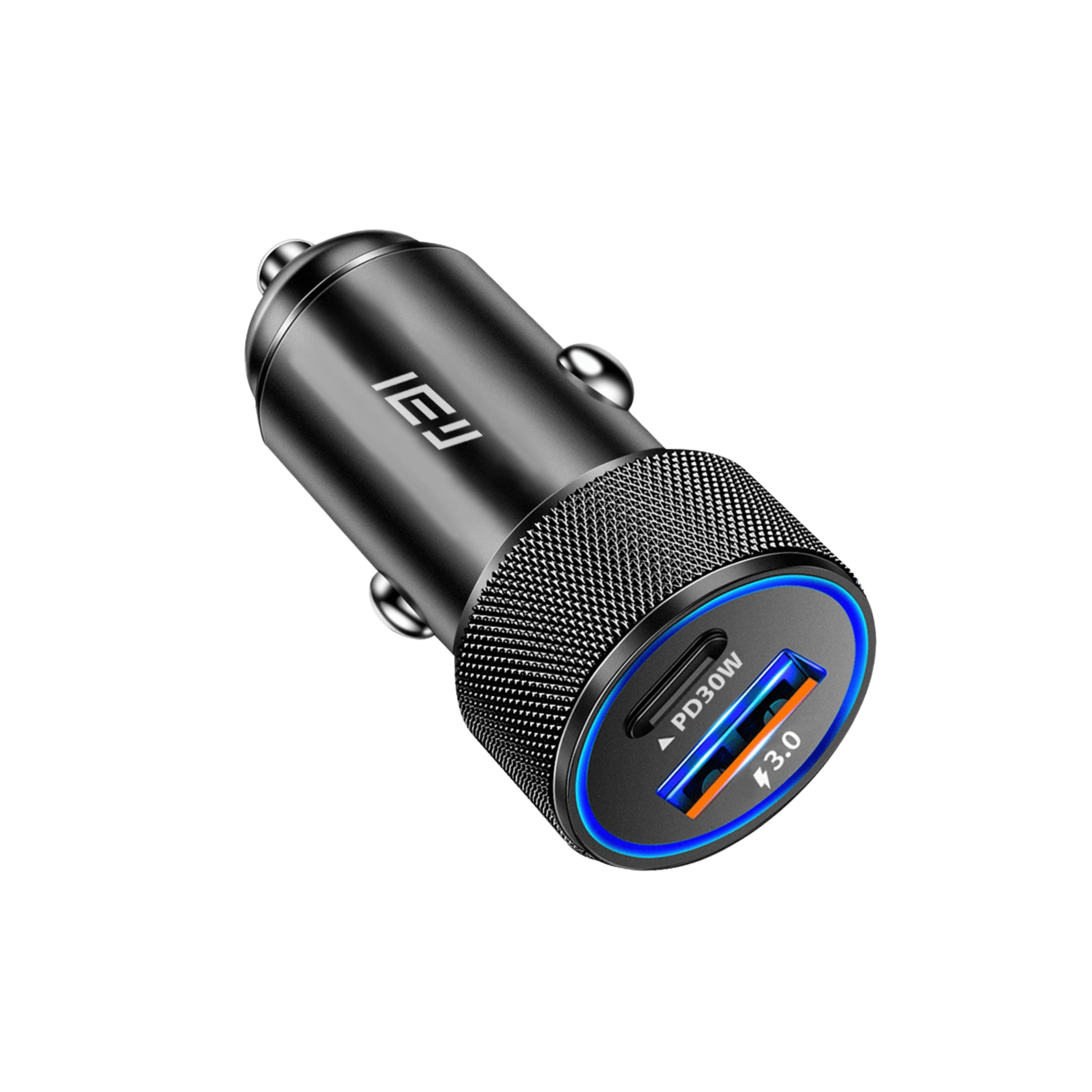 Cargador de auto IEY de 30W con doble puerto USB-A y USB-C para carga rápida en movimiento
#color_negro
