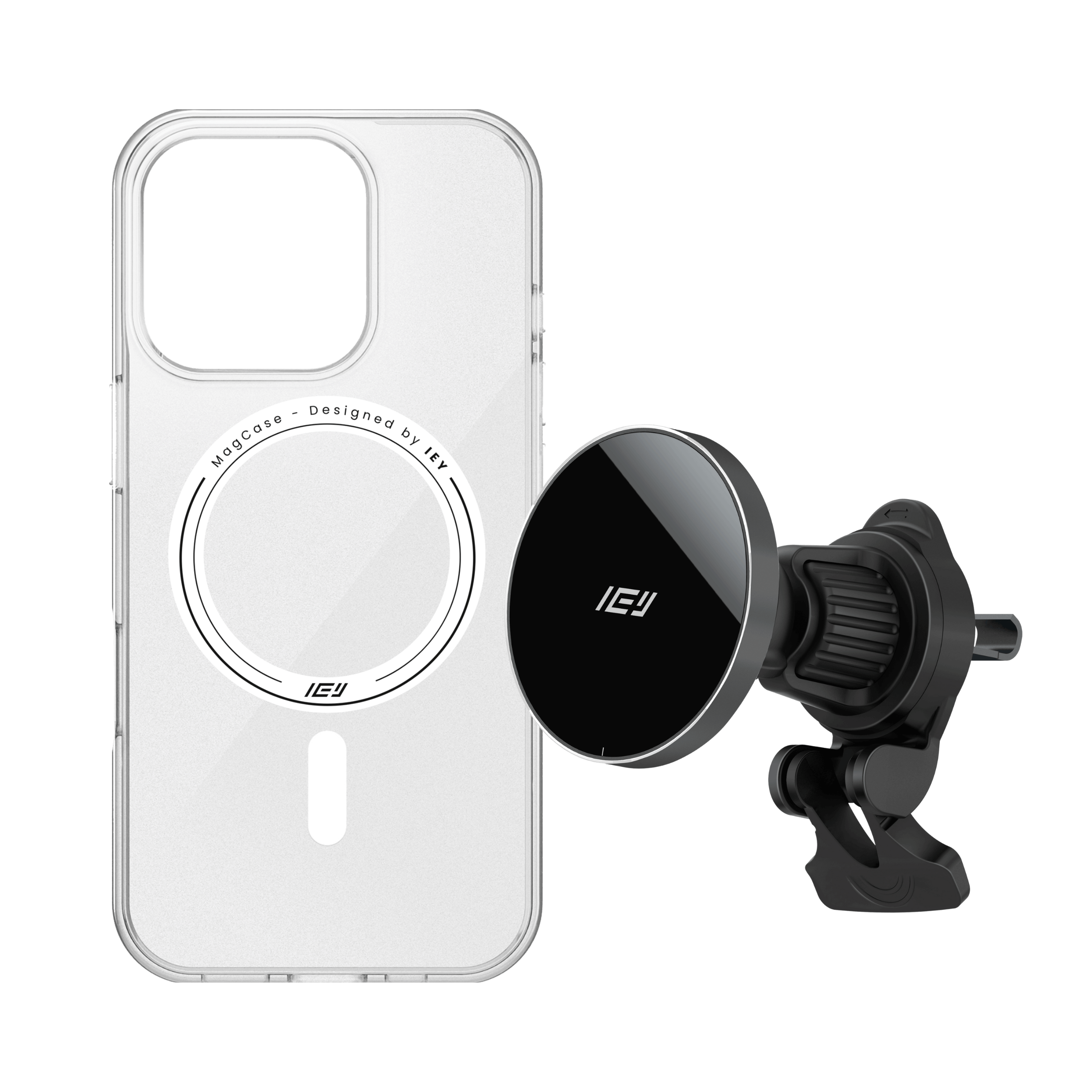Combo MagSafe IEY armado: Funda iPhone + Cargador de Auto con fijación magnética #color_negro