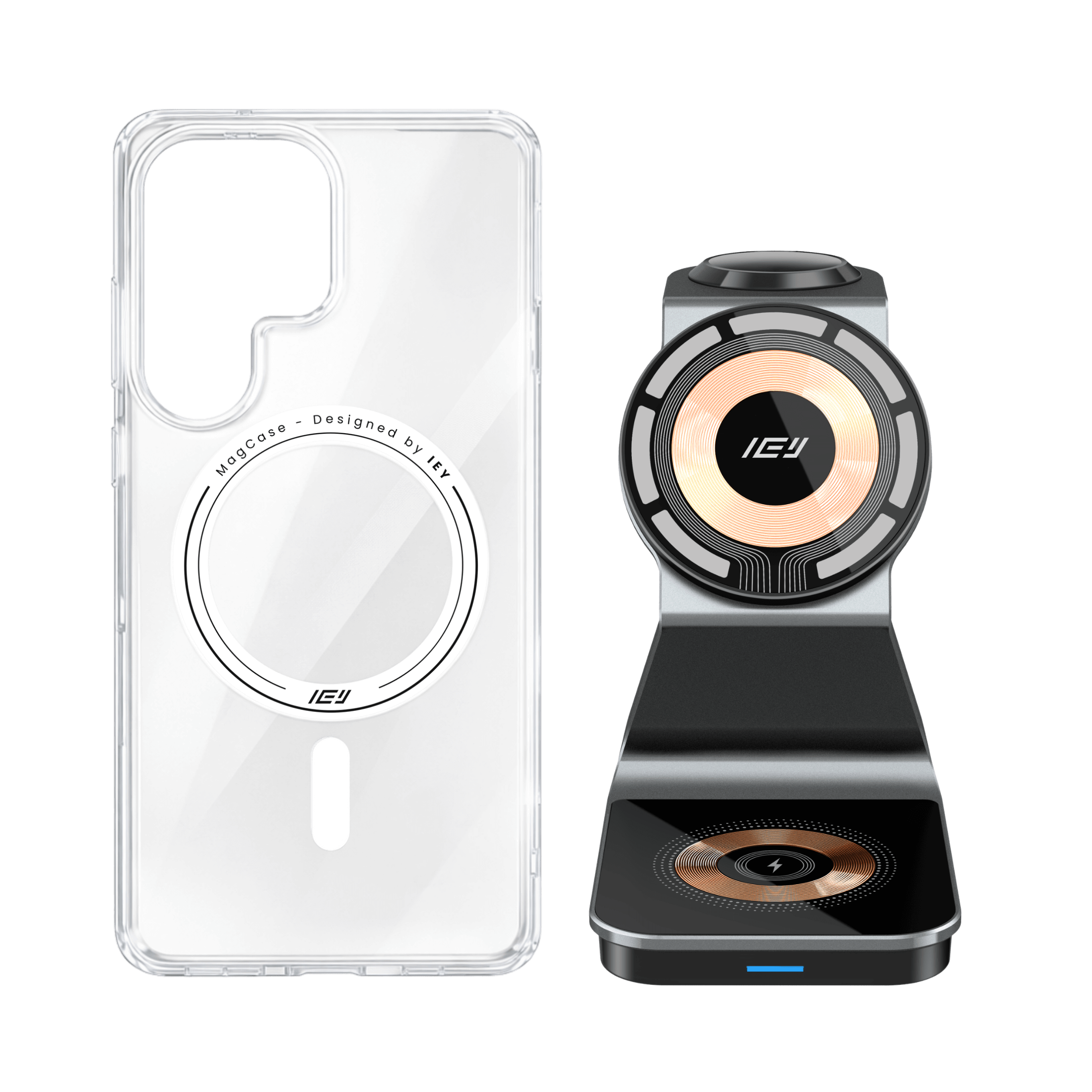 Combo IEY de funda MagSafe Samsung y estación 3 en 1 en color negro #color_gris azulado
