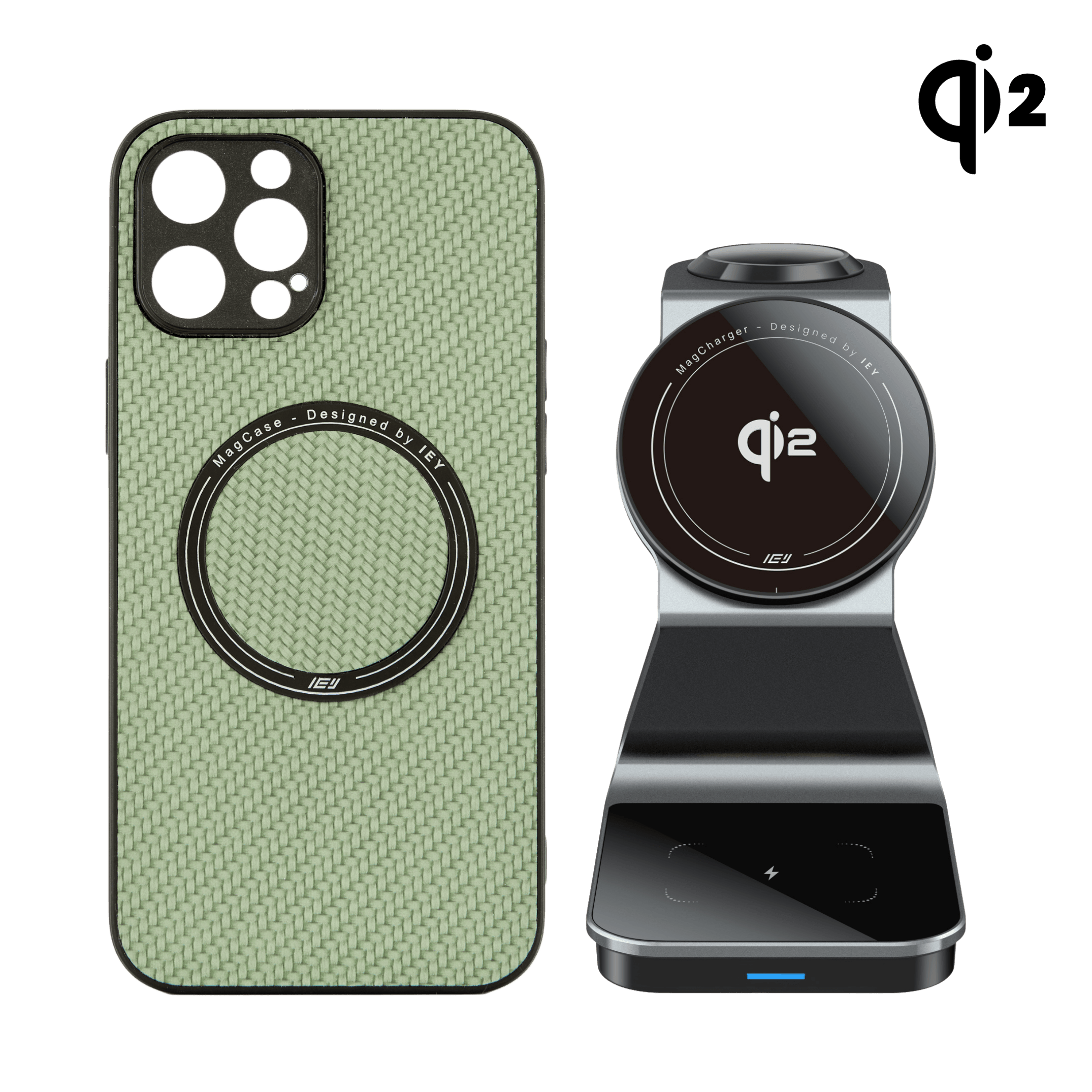 Combo IEY de funda MagSafe Carbon Verde y estación 3 en 1 con Tecnología Qi2 en color negro #color_negro