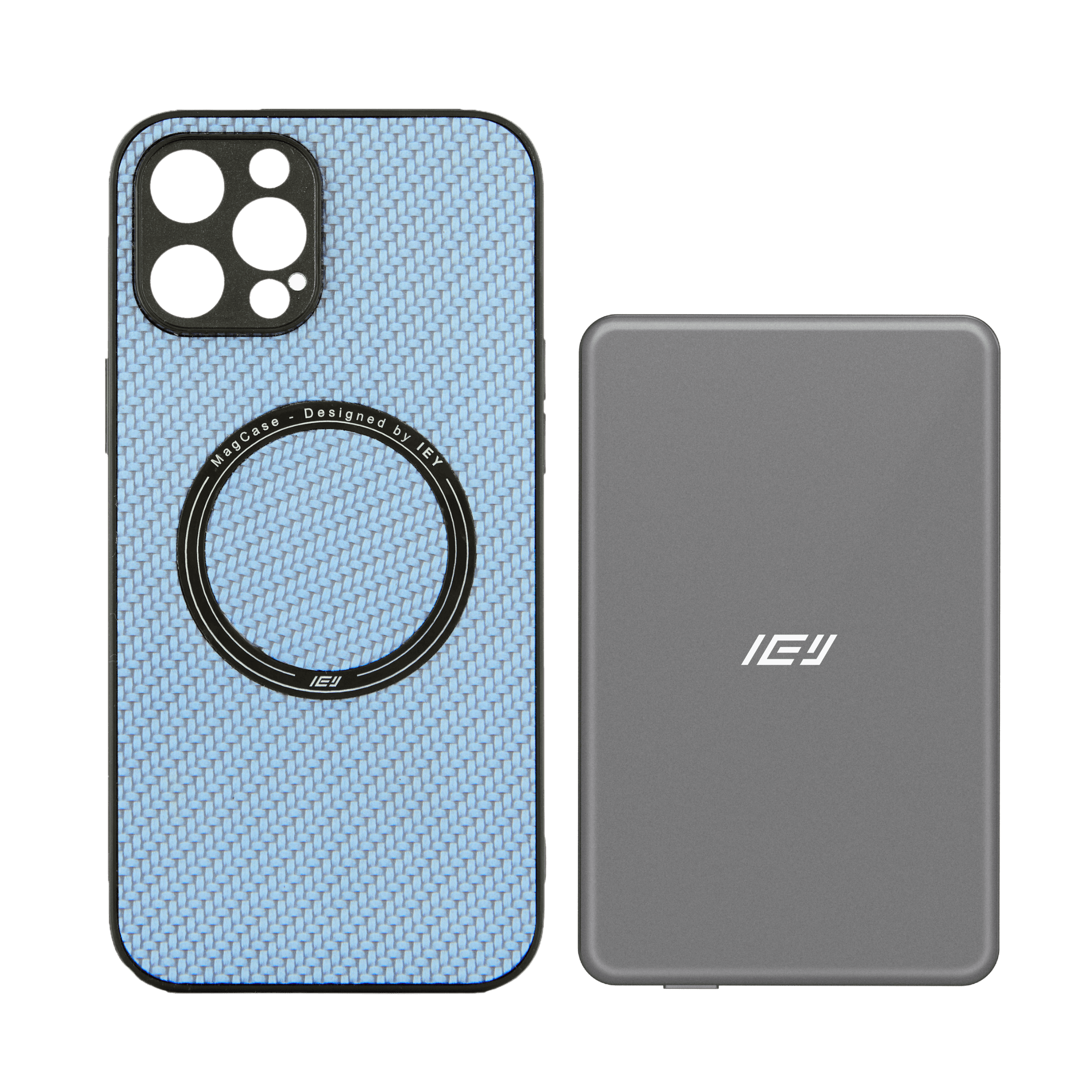 Combo MagSafe IEY con funda carbon y batería inalámbrica 5000 mAh con MagSafe, diseño minimalista y premium. #color_gris azulado