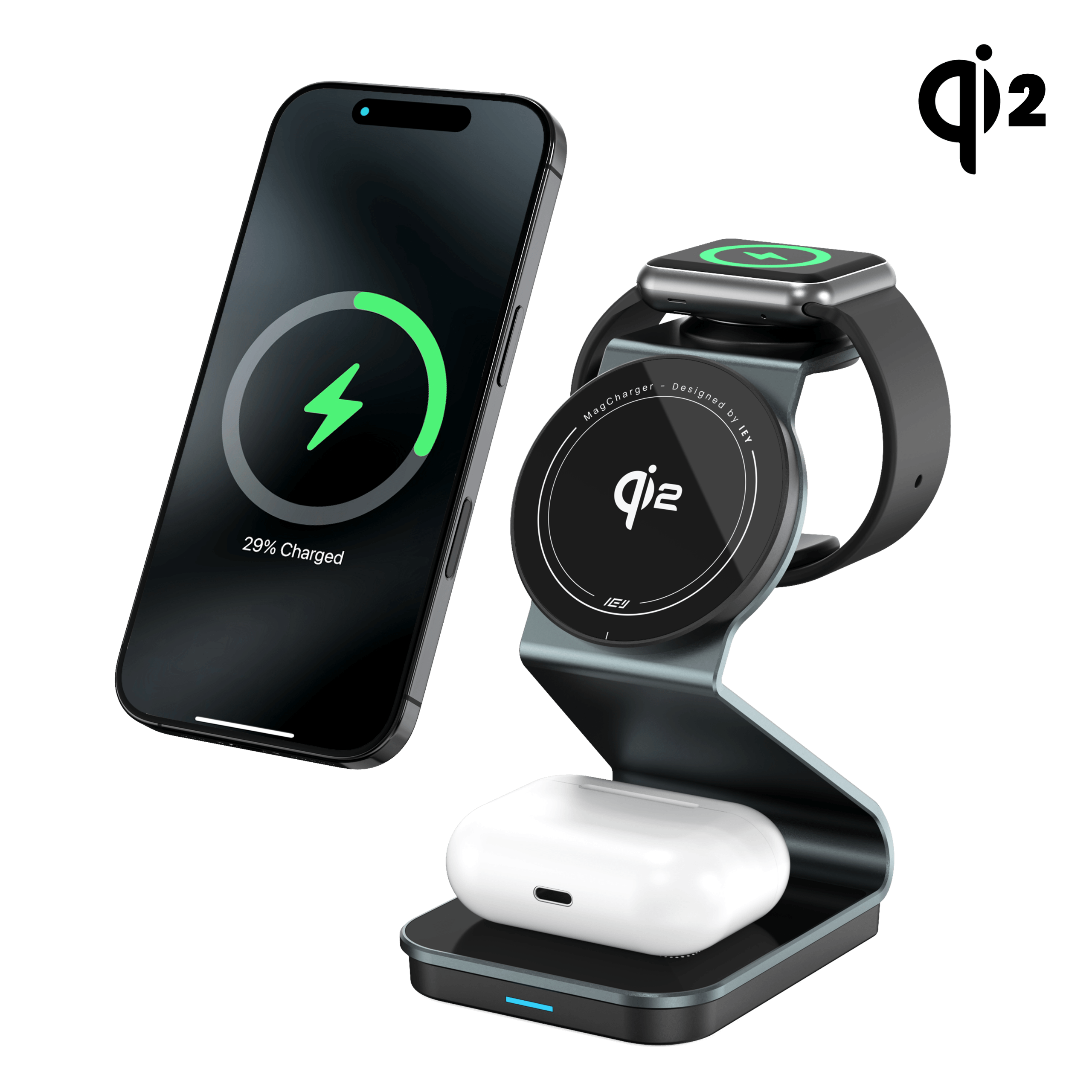 Estación de carga inalámbrica 3 en 1 con tecnología Qi2 MagCharger con iPhone, Apple Watch y AirPods en uso #color_negro