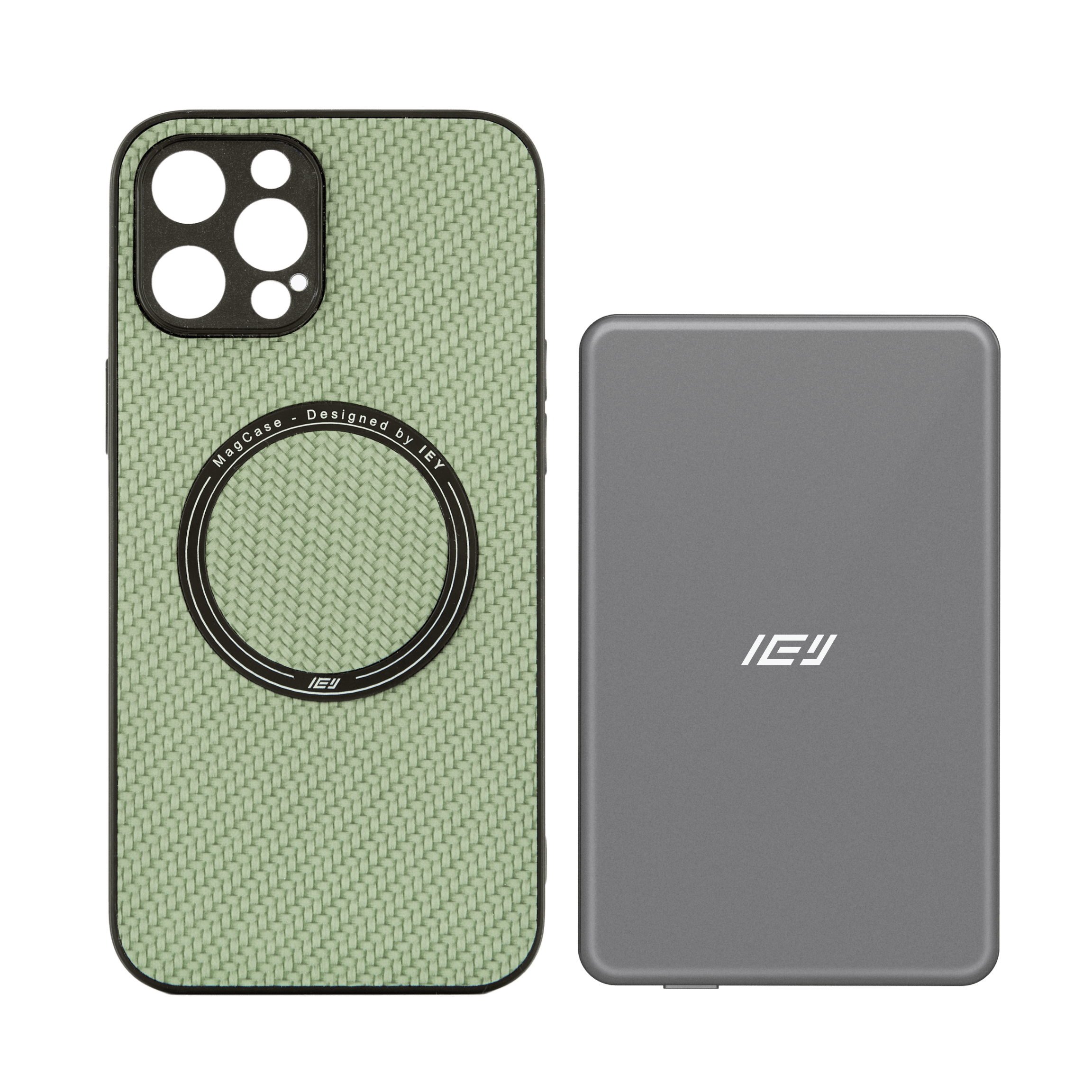 Combo MagSafe IEY con funda carbon y batería inalámbrica 5000 mAh con MagSafe, diseño minimalista y premium. #color_gris azulado
