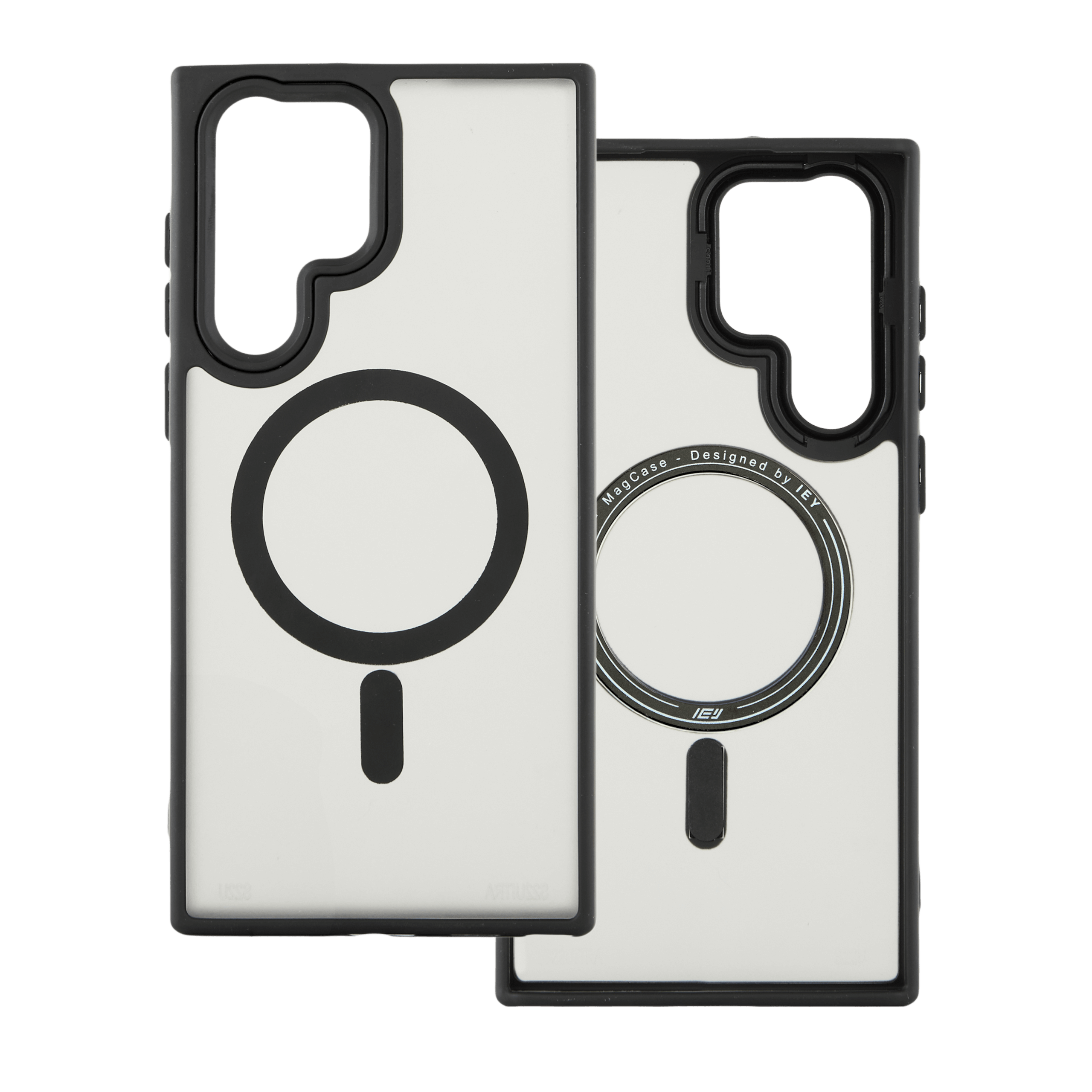 Funda MagSafe transparente con borde negro para Samsung Galaxy, vista frontal y trasera.