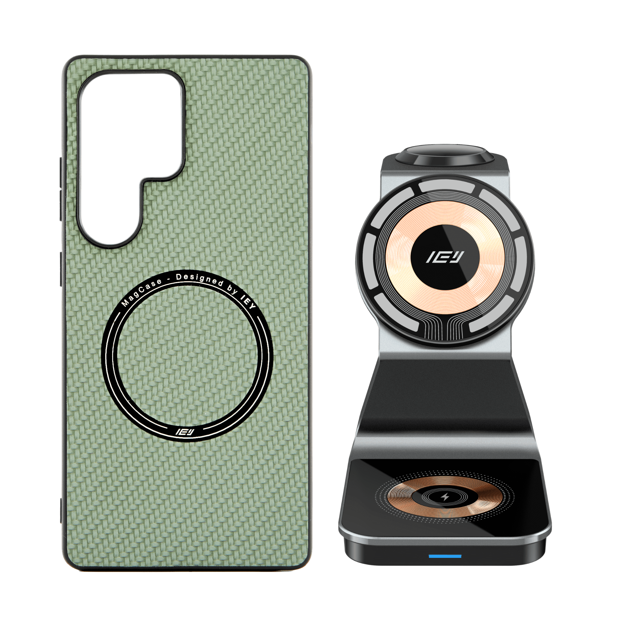 Combo IEY de funda MagSafe Samsung y estación 3 en 1 en color negro #color_gris azulado