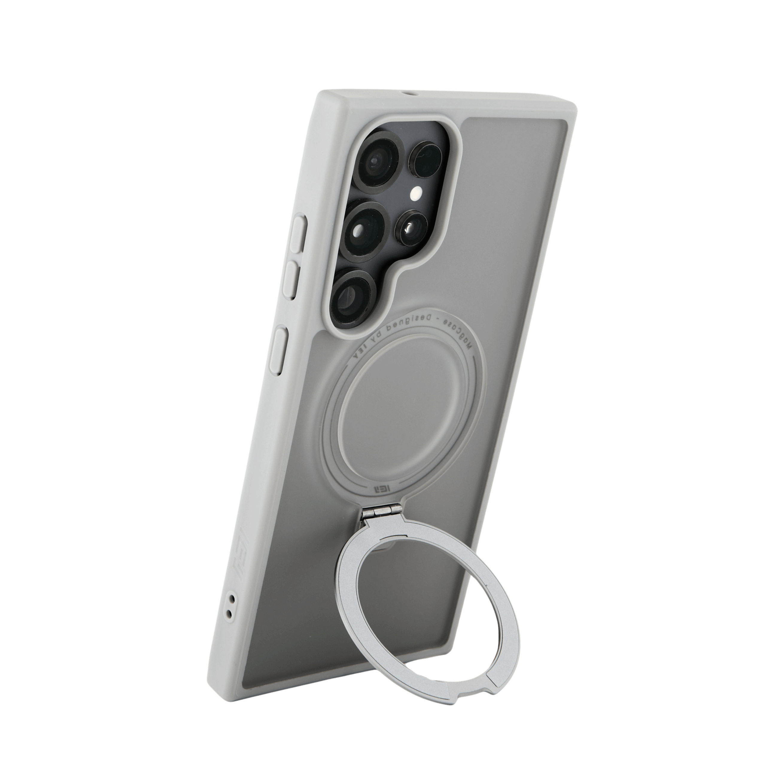 Funda Samsung S25 Ultra gris con aro magnético y soporte desplegado, vista trasera con cámara visible. #color_gris