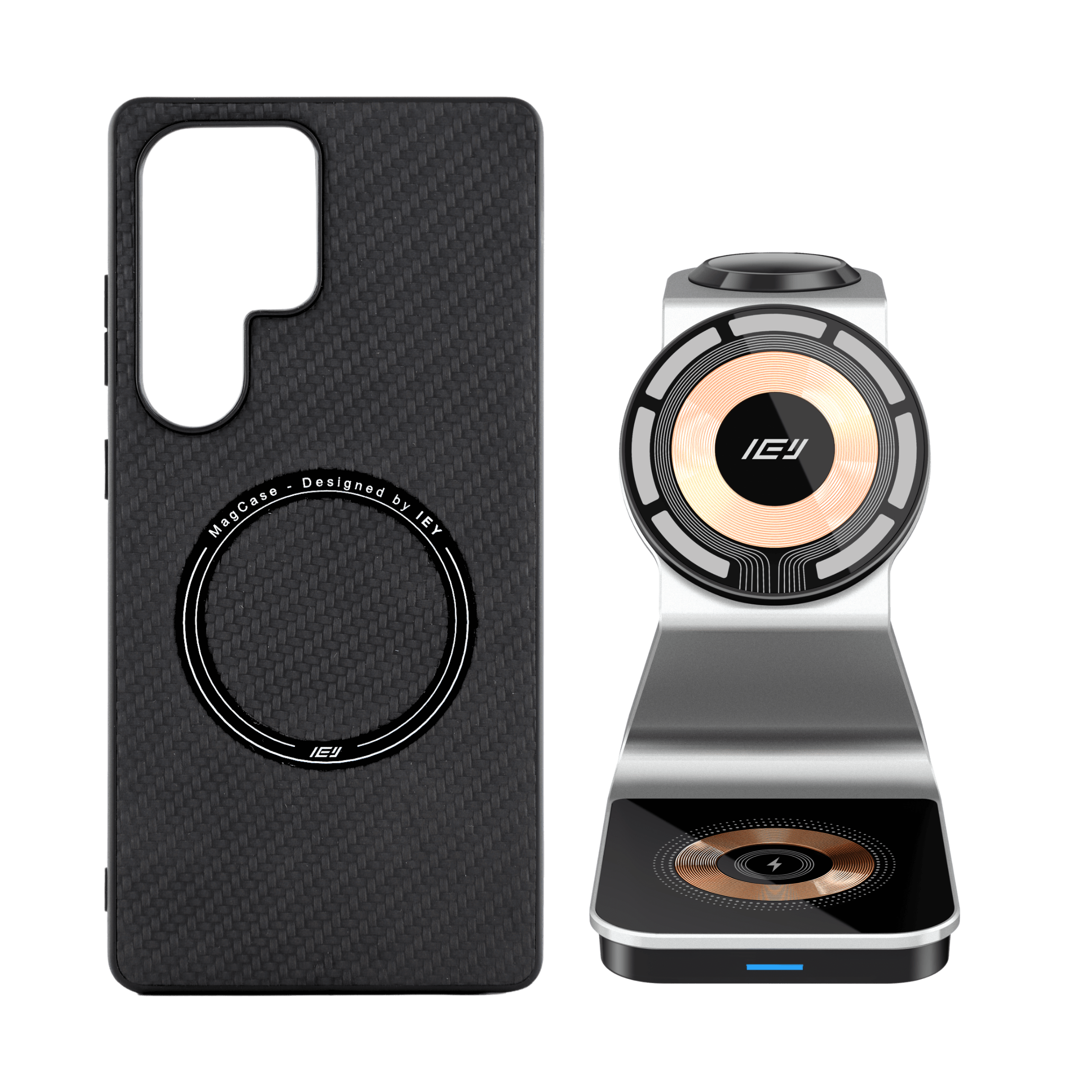 Combo IEY de funda MagSafe Samsung y estación 3 en 1 en color negro #color_gris plateado