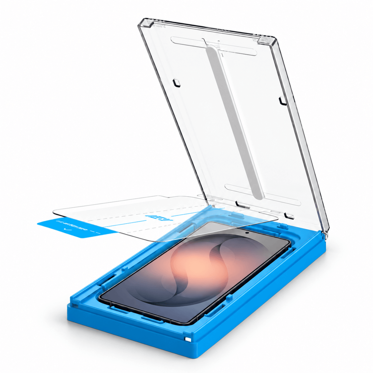 Protector de pantalla ApplyFit™ para Samsung Galaxy con vidrio templado y sistema de instalación guiada de color azul.