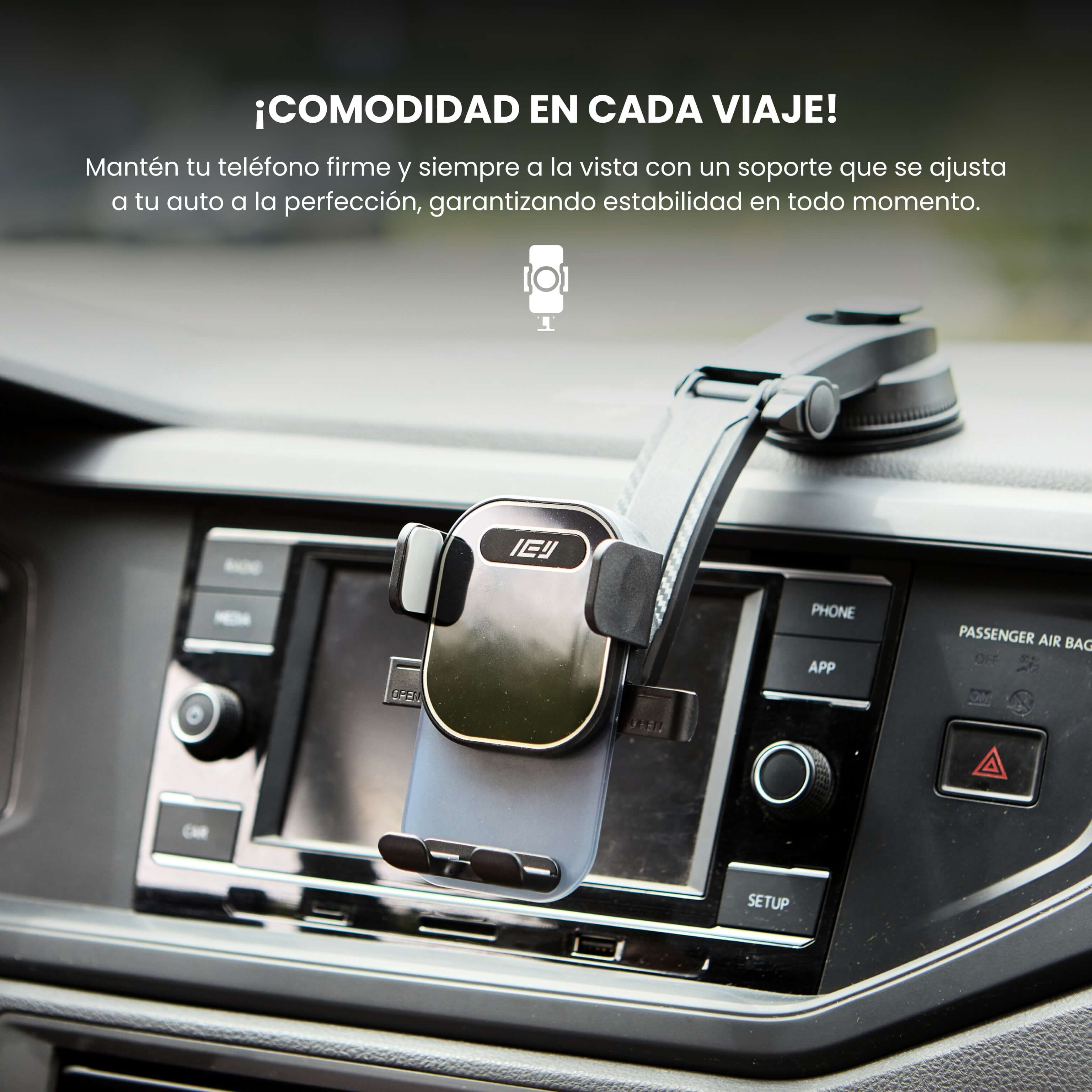 Soporte MagMount fijado en el tablero del vehículo, ofreciendo sujeción estable y rotación ajustable del brazo