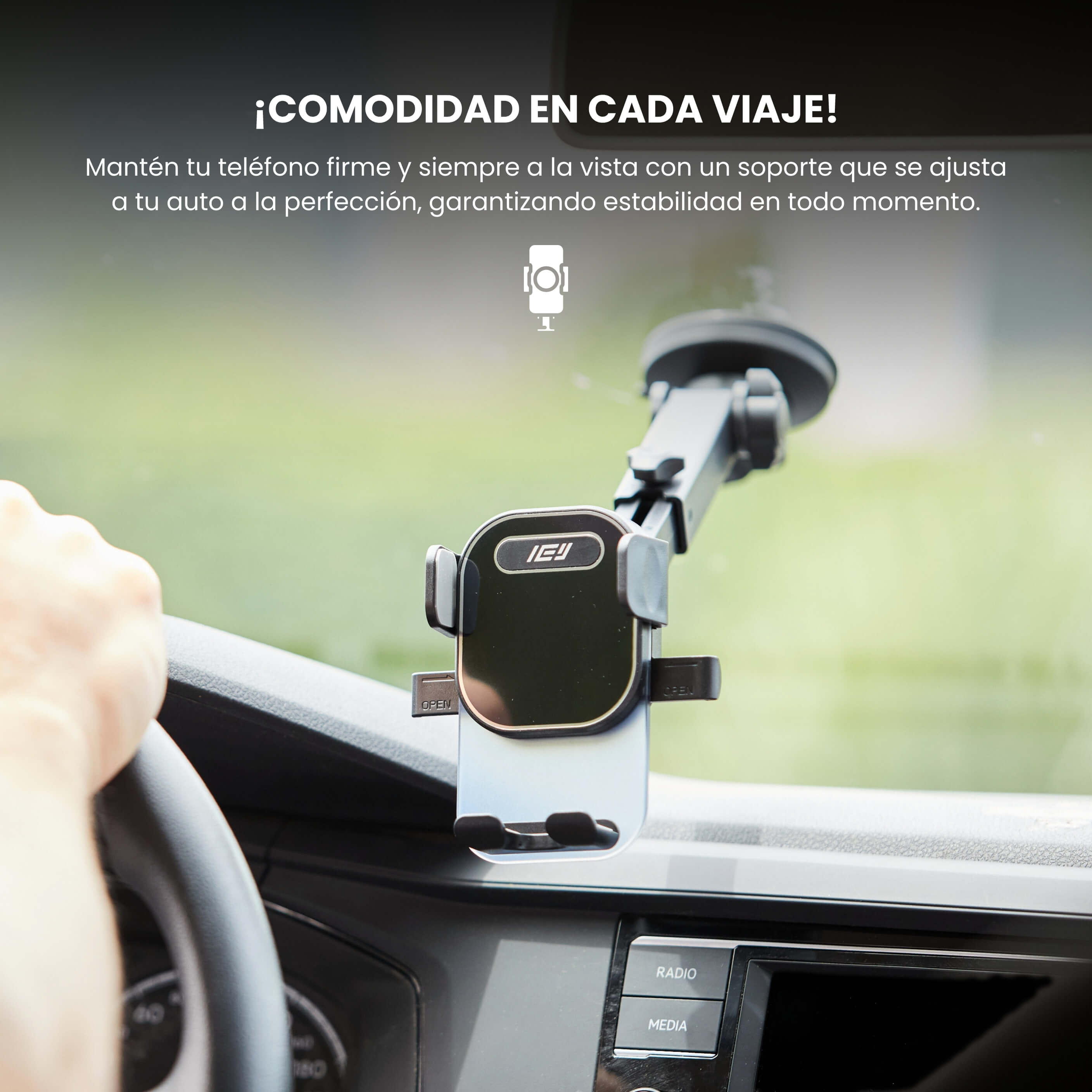 Soporte MagMount sujetado al tablero del auto con brazo extensible y fijación segura en superficie curva