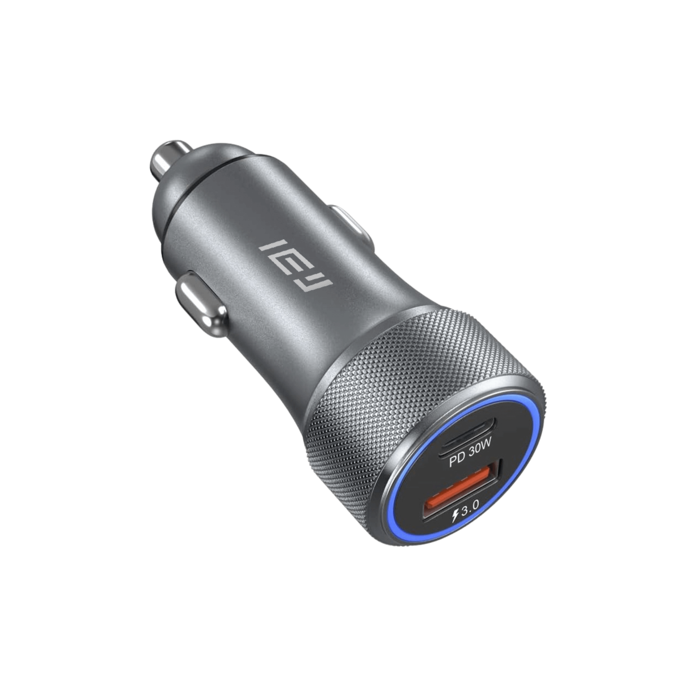 Vista lateral del cargador IEY 30W con acabado metálico y tecnología Power Delivery integrada #color_gris