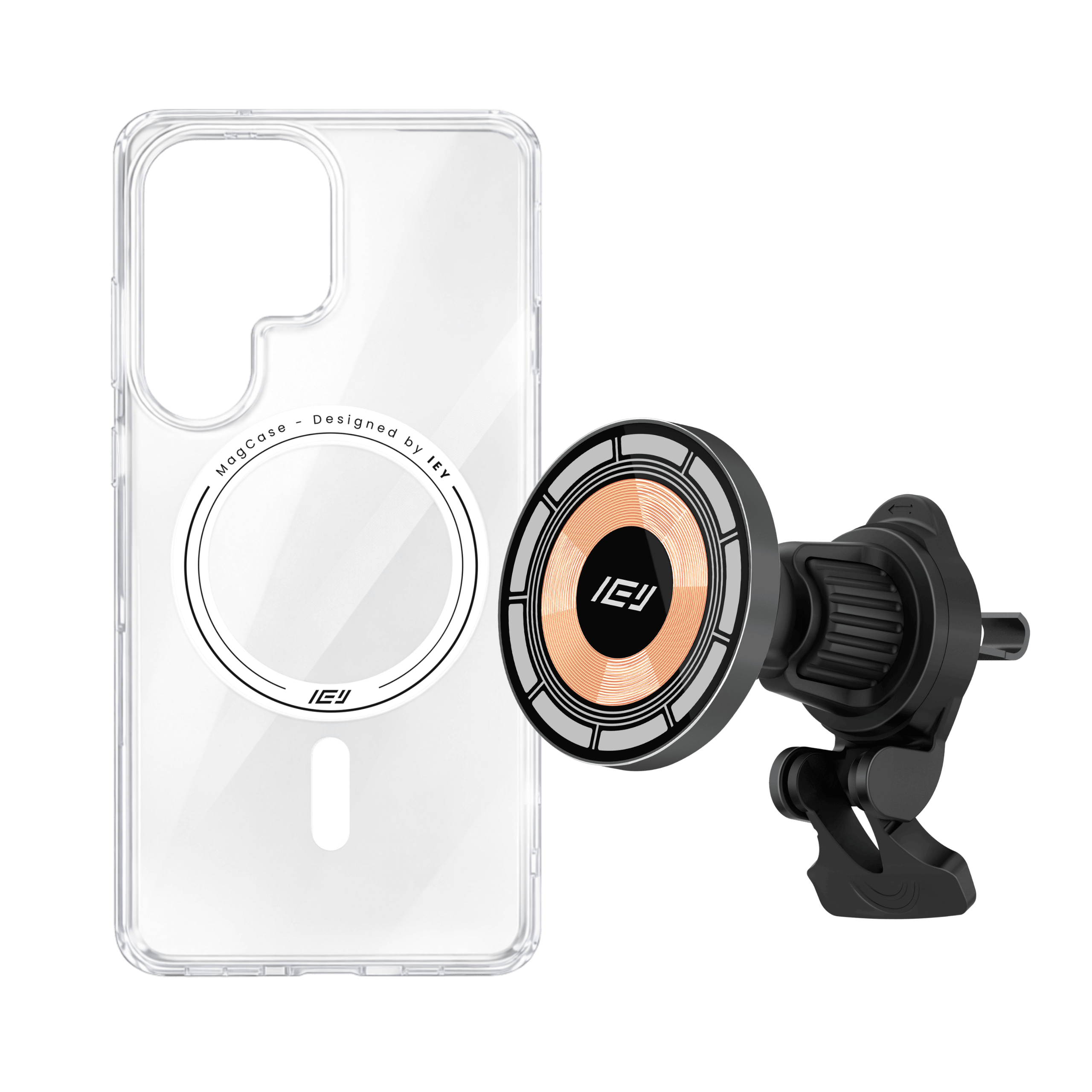 Combo MagSafe: Funda Transparente + Cargador de Auto IEY sobre fondo blanco #color_plateado