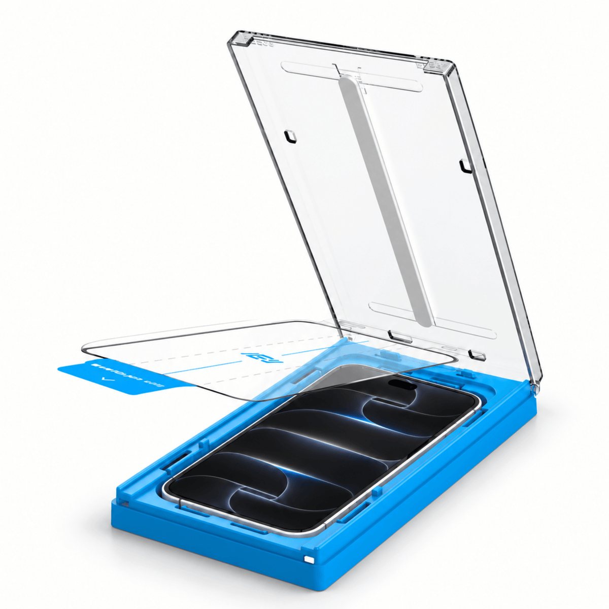 Aplicador ApplyFit™ de IEY® abierto, con iPhone y vidrio templado alineado para facilitar la instalación del protector de pantalla.