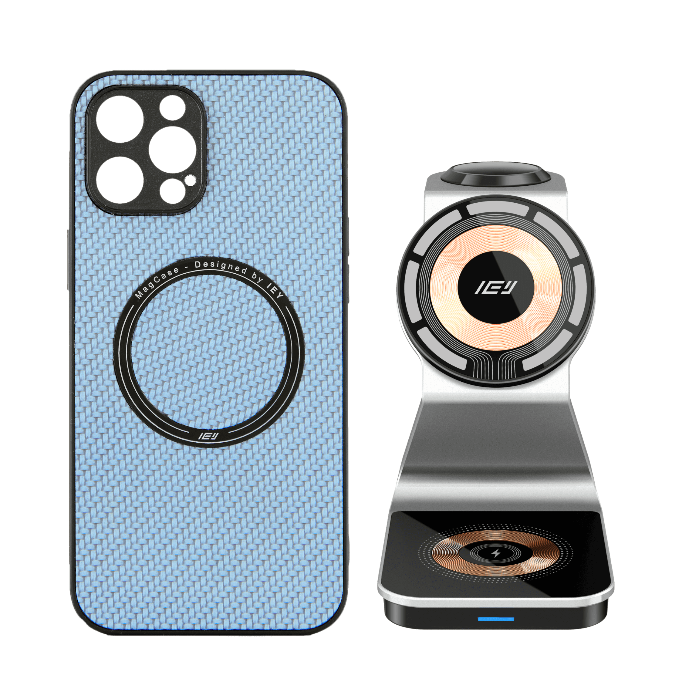 Combo IEY de funda MagSafe y estación 3 en 1 en color blanco y dorado #color_gris plateado
