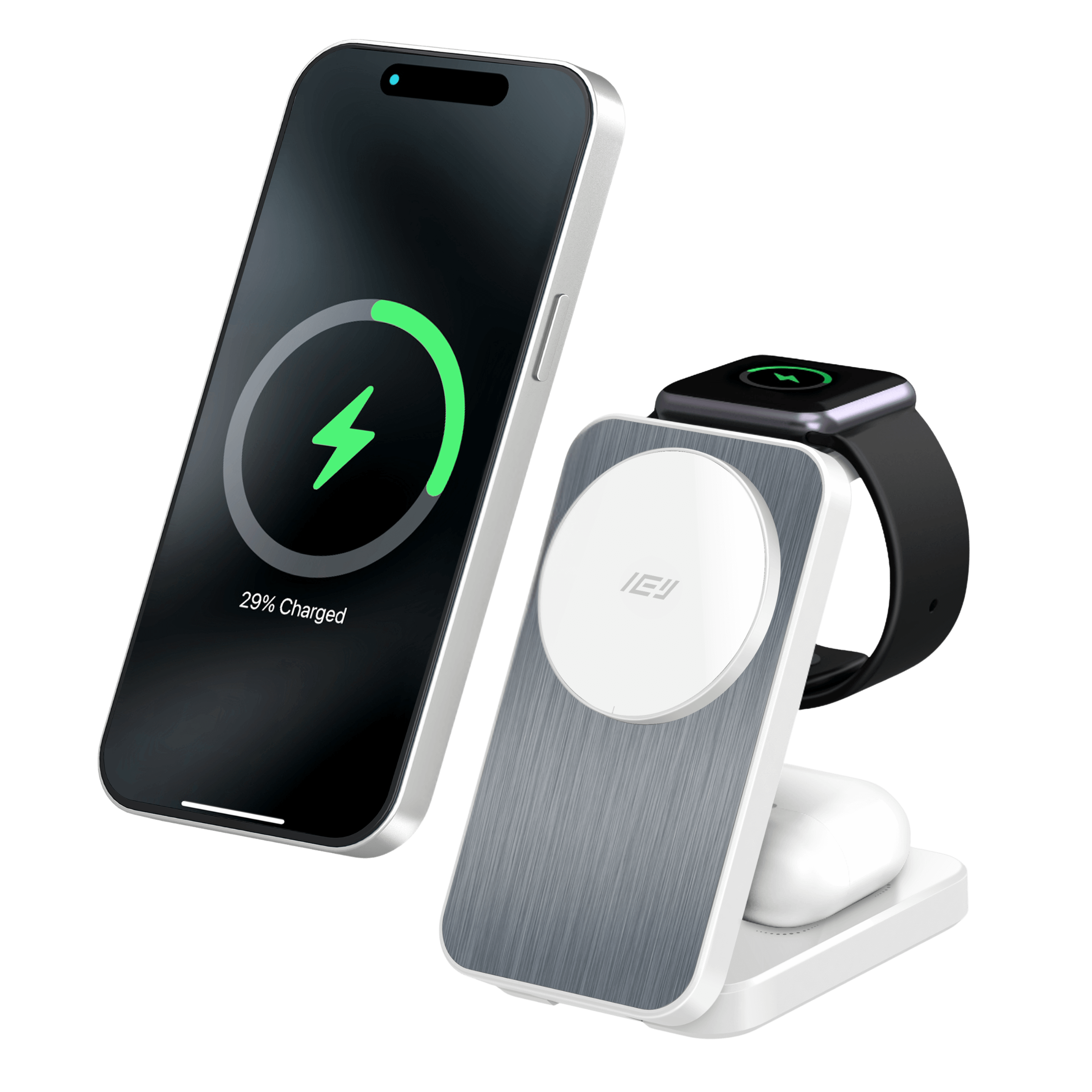 Cargador inalámbrico plegable 3 en 1 MagCharger cargando iPhone, AirPods y Apple Watch al mismo tiempo #color_blanco