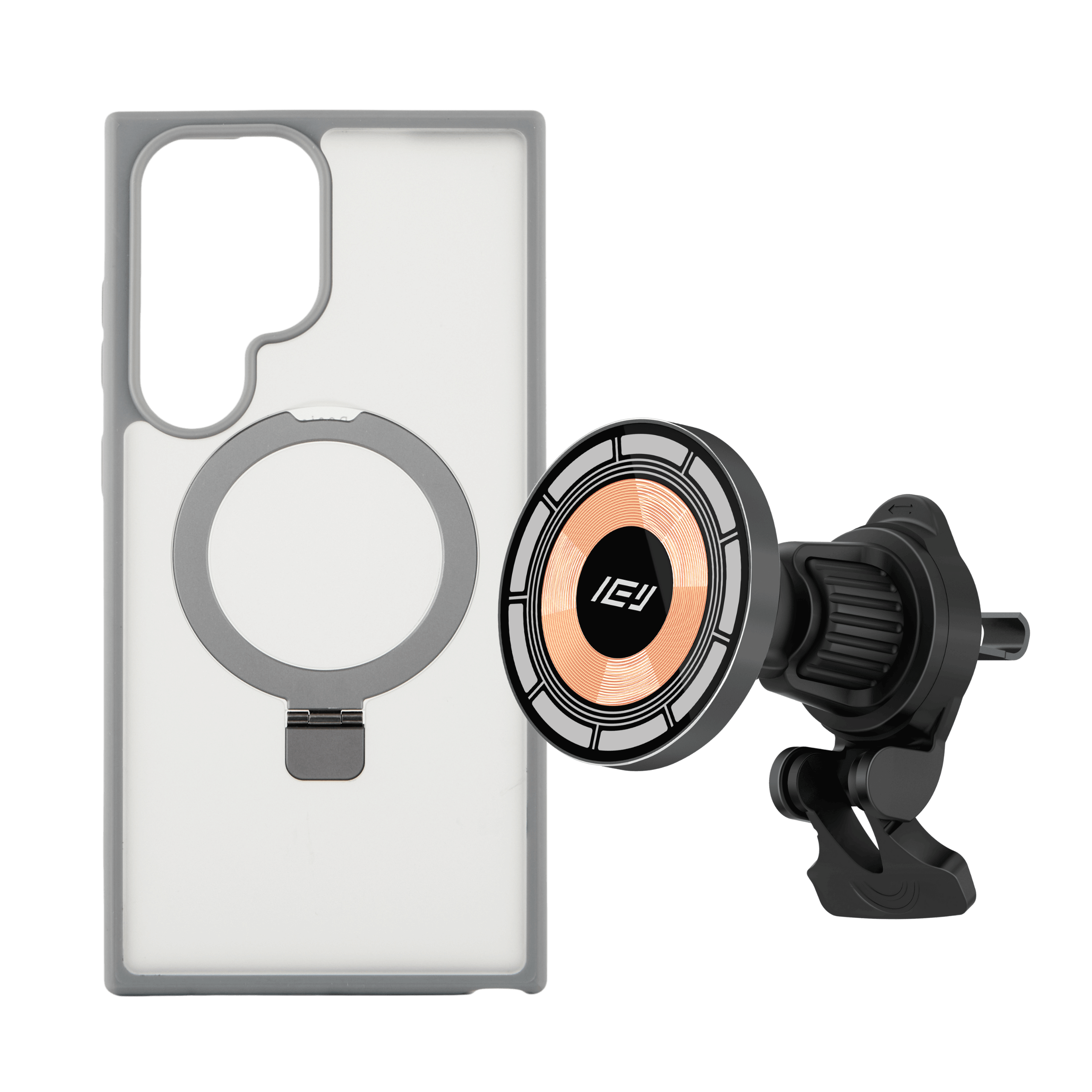 Combo MagSafe para Samsung: Funda Transparente + Cargador de Auto IEY sobre fondo blanco #color_plateado