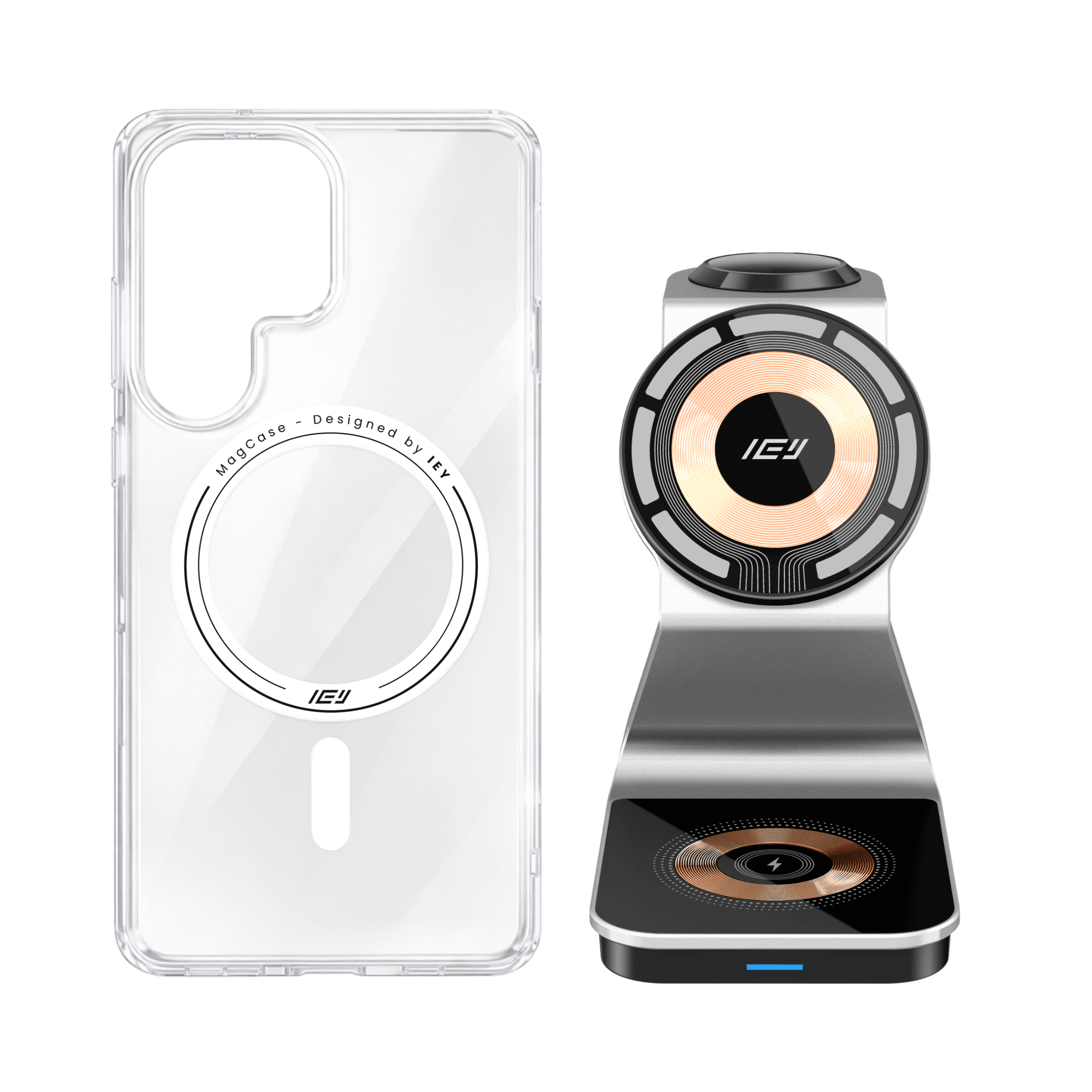 Combo IEY de funda MagSafe Samsung y estación 3 en 1 en color plateado #color_gris plateado