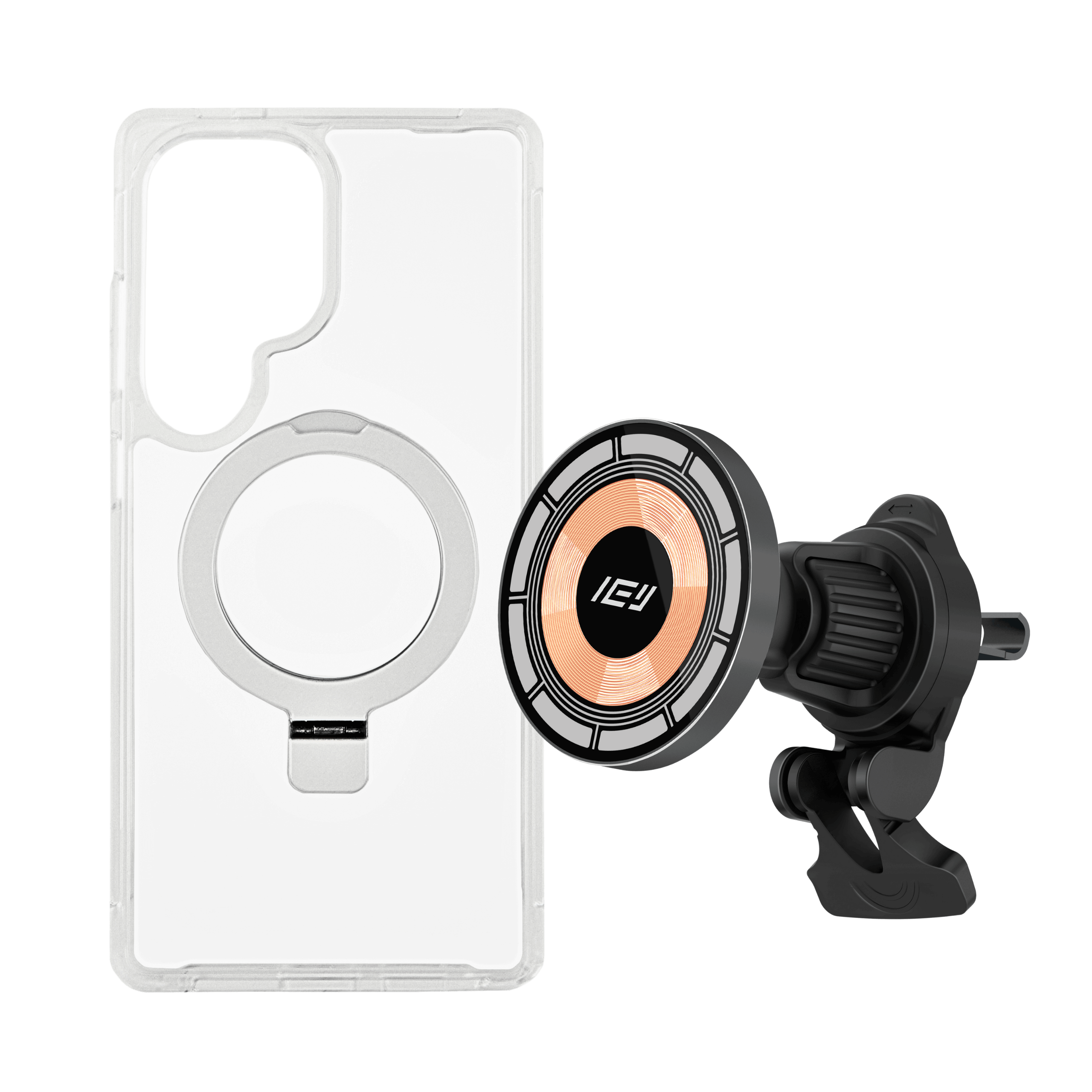 Combo MagSafe para Samsung: Funda Transparente + Cargador de Auto IEY sobre fondo blanco #color_plateado