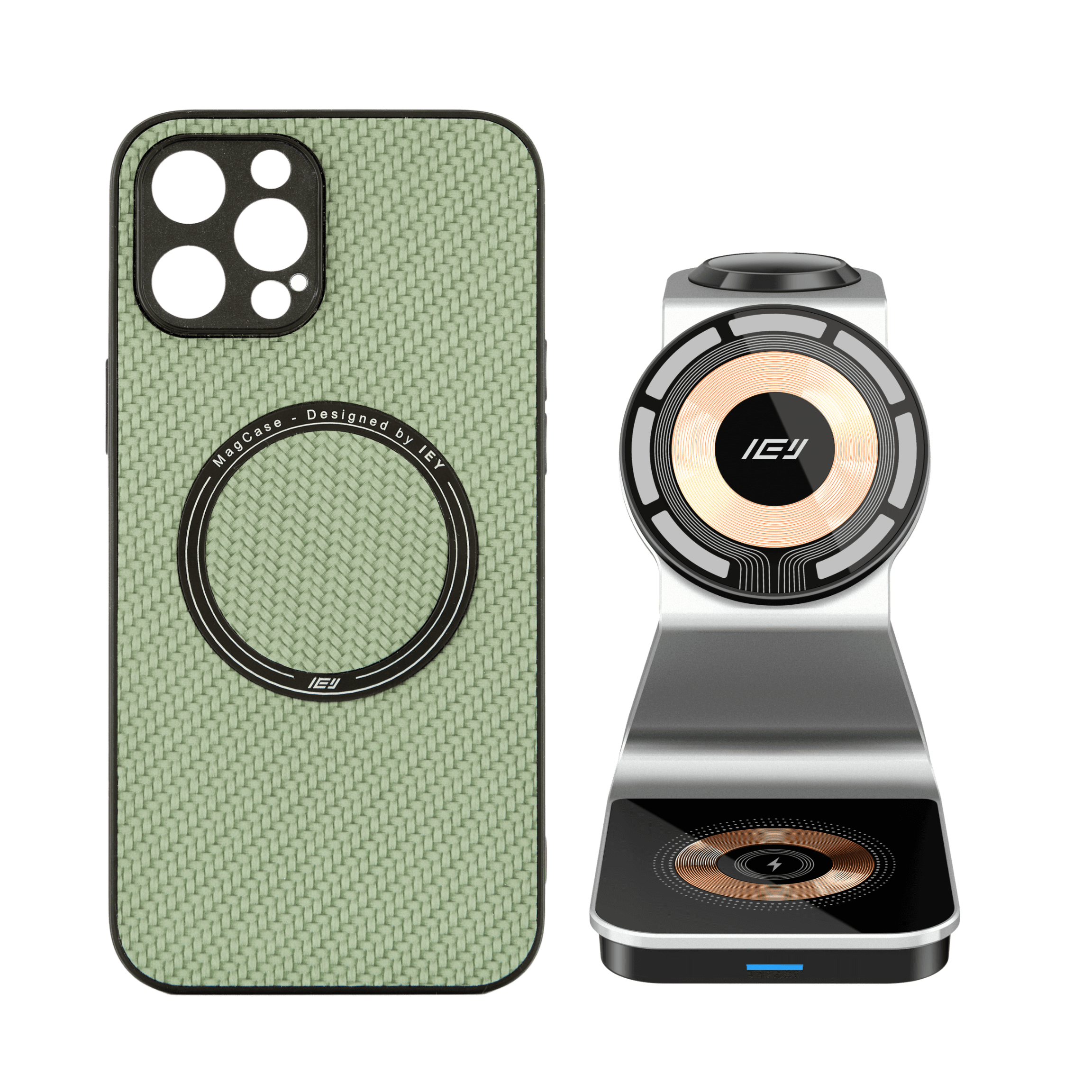Combo IEY de funda MagSafe y estación 3 en 1 en color blanco y dorado #color_gris plateado