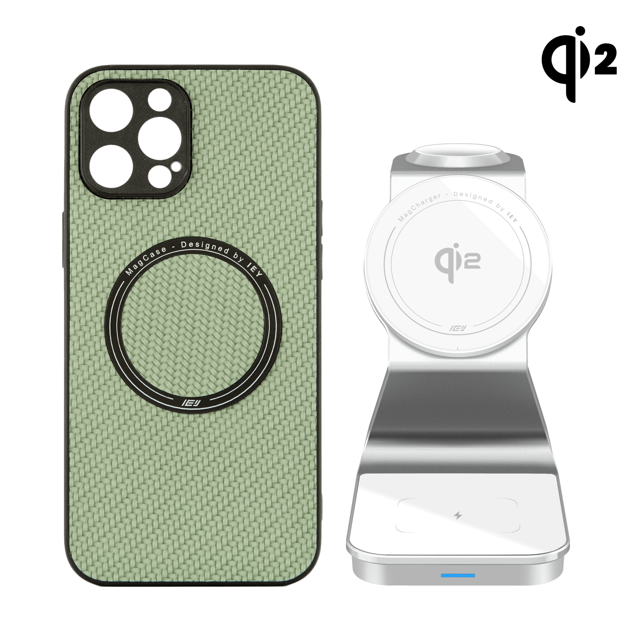 Combo IEY de funda MagSafe Carbon Verde y estación 3 en 1 con Tecnología Qi2 en color blanco #color_blanco